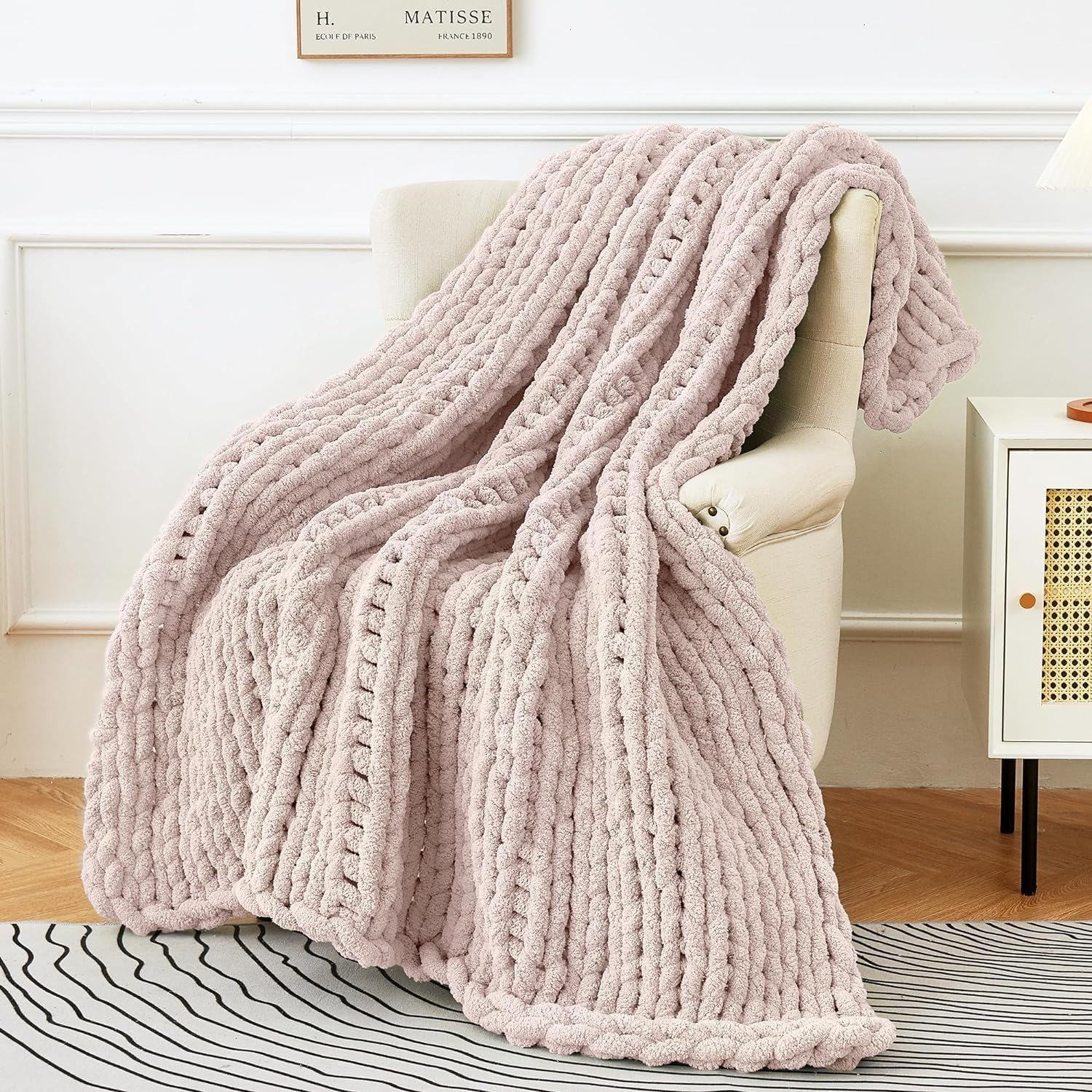 Chunky Knit Blanket Throw 51"x63" Hand Knitted Warm