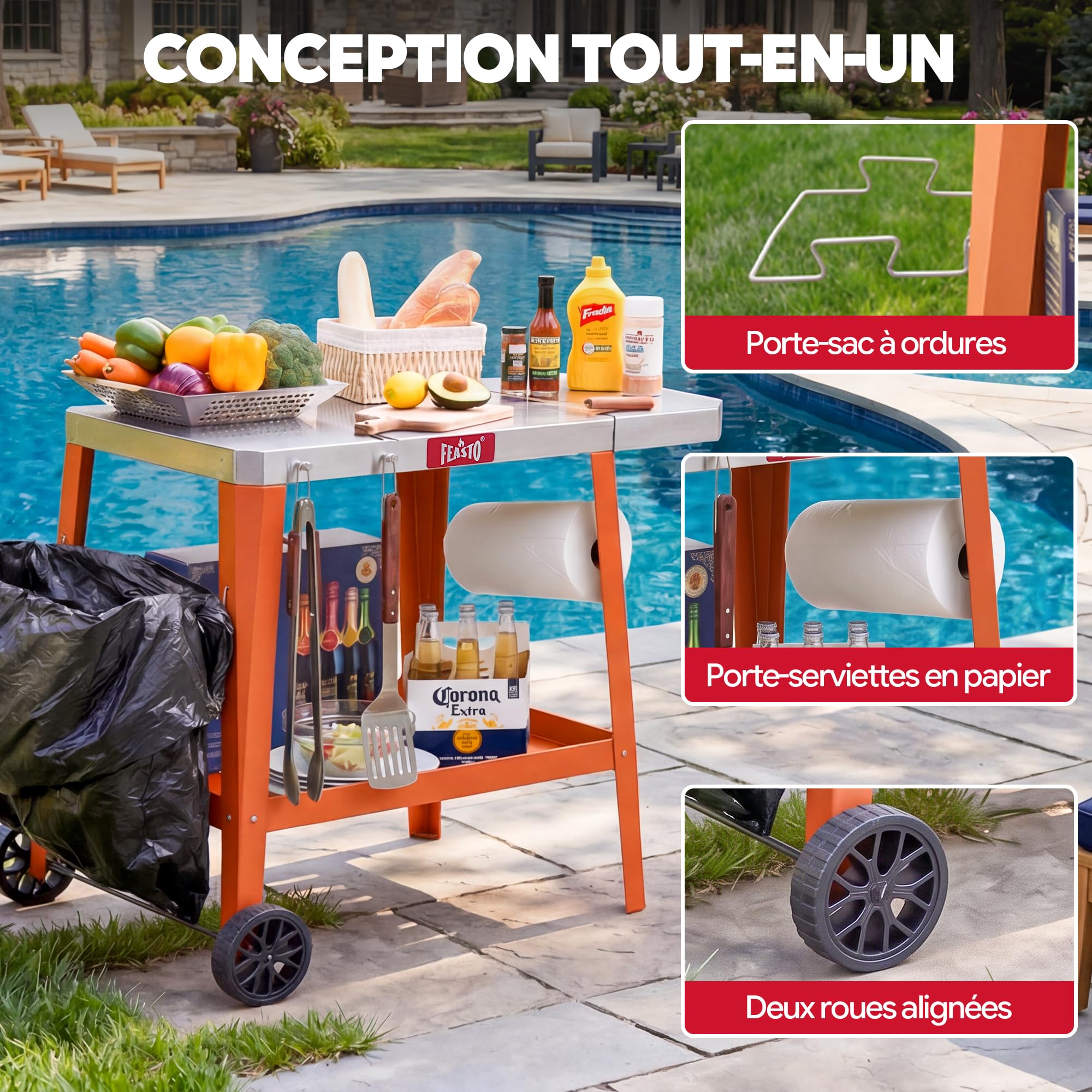 Feasto 2-Étagère Desserte de Jardin avec Table d’Appoint Pliable, Orange | Chariot de Barbecue avec Plateau en Acier Inox, Idéal pour BBQ dans le Jardin et la Terrasse, 95 x 67 x 80 cm