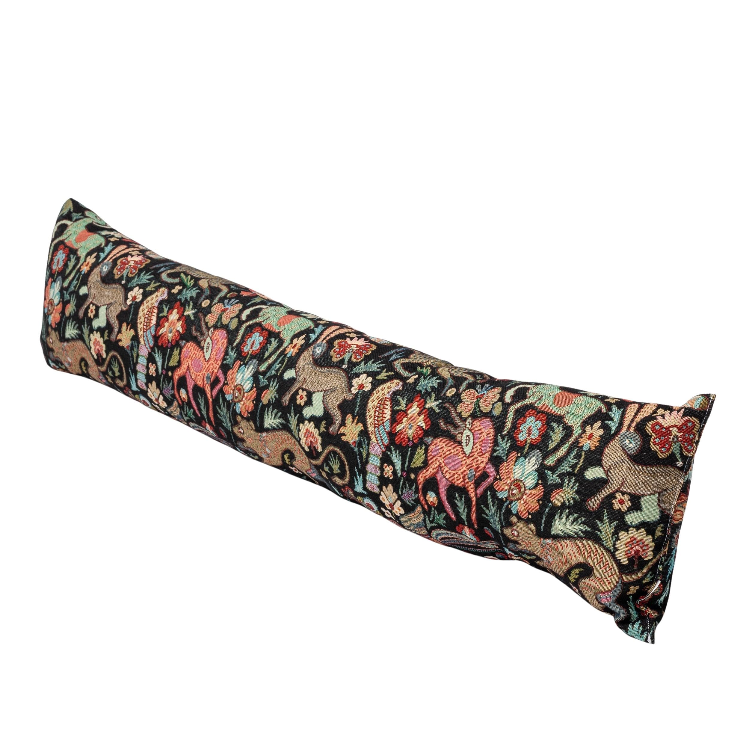 Linen Loft Black Mythical Animals Tapestry Draught Excluder In Deep Multicoloured Fairytale Creatures & Botanical Design. Energy Saving Home Accessory. 90X20cm