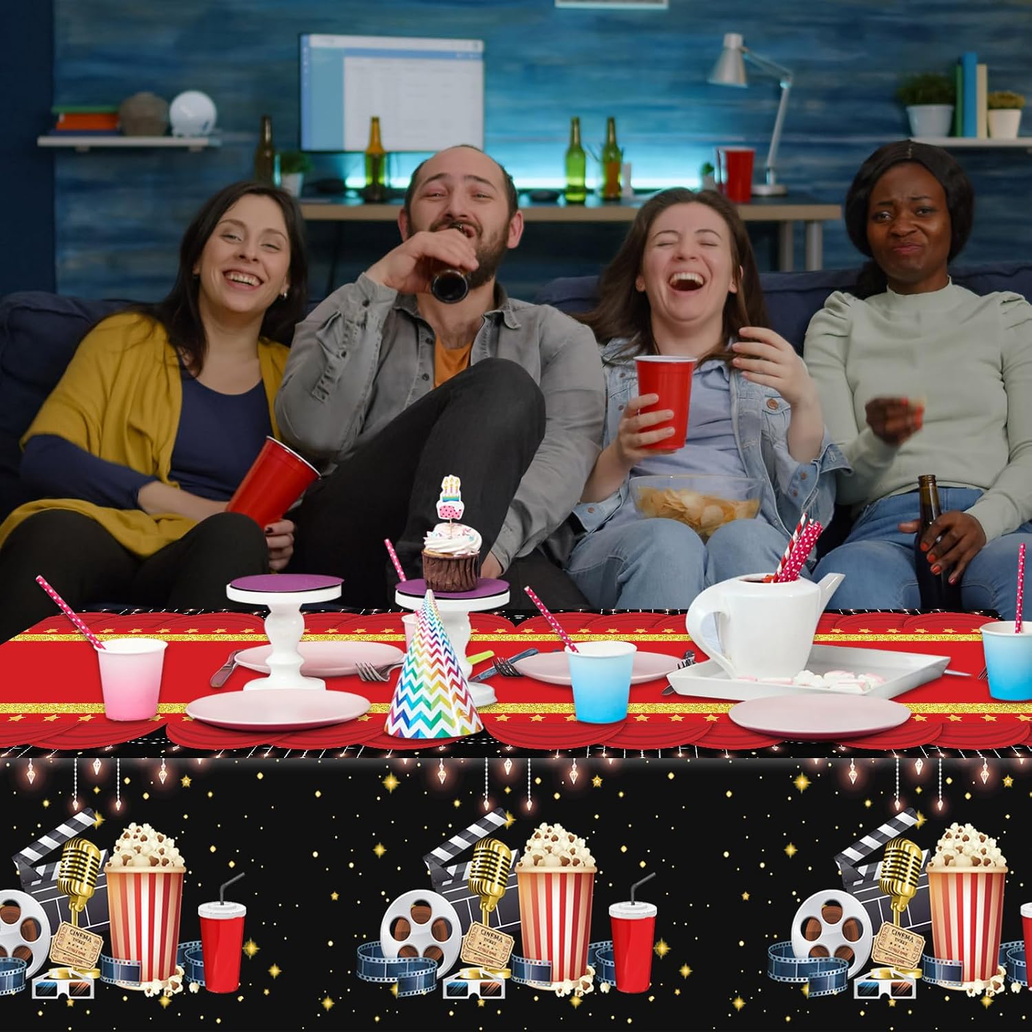 Buryeah 3 Pack Movie Night Tablecloth, Plastic Movie Night Table Covers