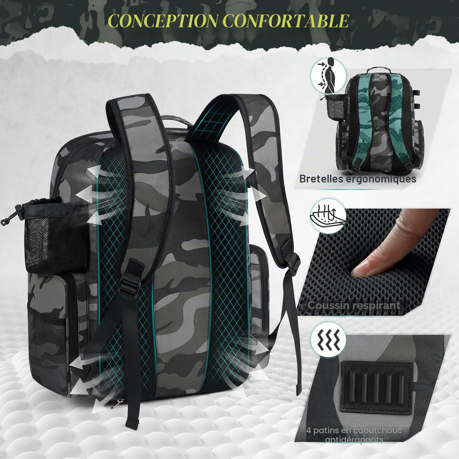 RAINSMORE Sac à Dos de Pêche 45L Imperméable avec Porte-Canne et Housse de Pluie, Grand Sac de Rangement pour Matériel de Pêche, Cadeaux de Pêche pour Hommes, Camouflage