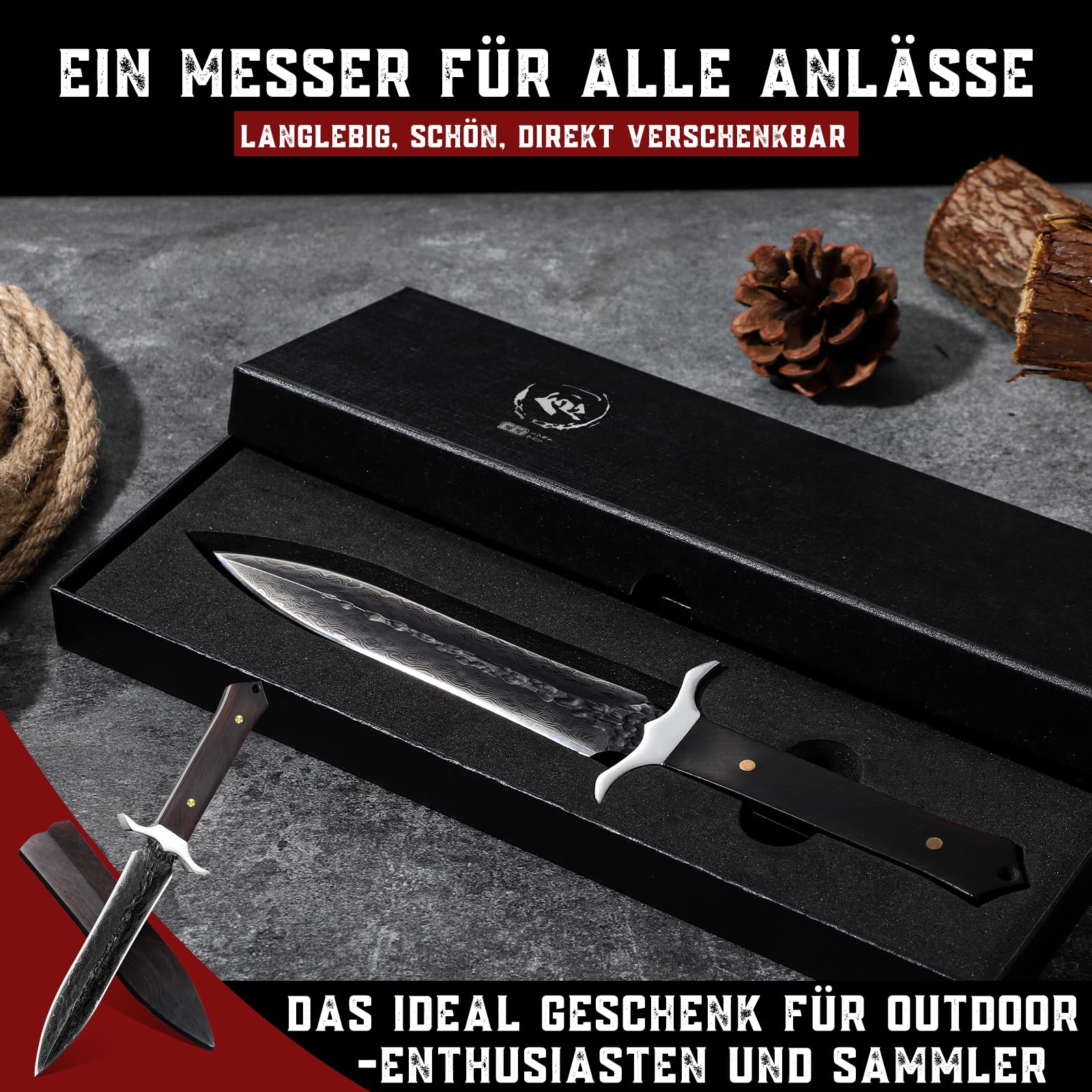 SMITH CHU Outdoor Messer Survival - Multifunktions Survival Messer Outdoor, Bushcraft Camping Messer mit Holzgriff, Die Ideales Geschenke für Männer