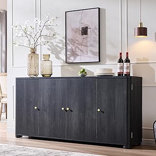 Curved Buffet Cabinet with Doors, 66" Large Sideboard Buffet Storage Cabinet with 4 Doors and Shleves, Modern Coffee Bar Station Wood Kitchen Table for Kitchen, Dining Room, Dark Grey