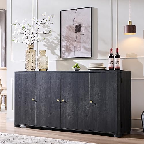 Curved Buffet Cabinet with Doors, 66" Large Sideboard Buffet Storage