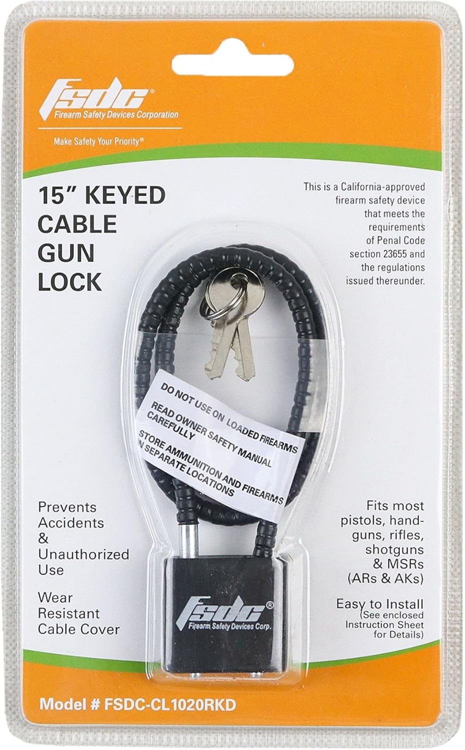 FSDC-CL1020RKD 15" California DOJ-Approved Keyed Cable Gun Lock : Sports & Outdoors