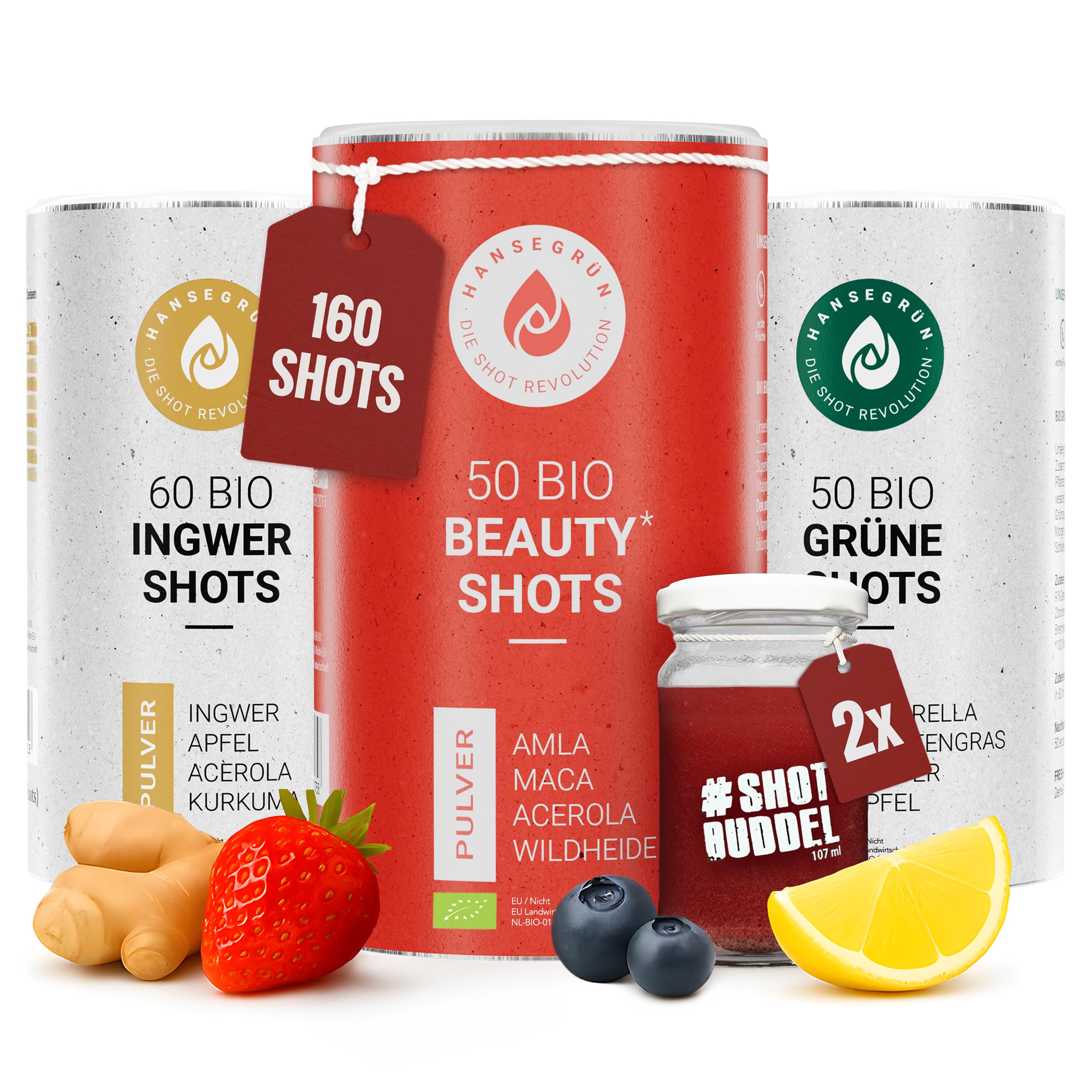 Hansegrün - Frauen Starter-Set - Beauty Shots (50 Stk.), Grüne Shots (50 Stk.) & Ingwer Shots (60 Stk.) - für Frauengesundheit ab 30 Jahren², Darmfunktion⁴ & Immunsystem² - zur täglichen Zubereitung