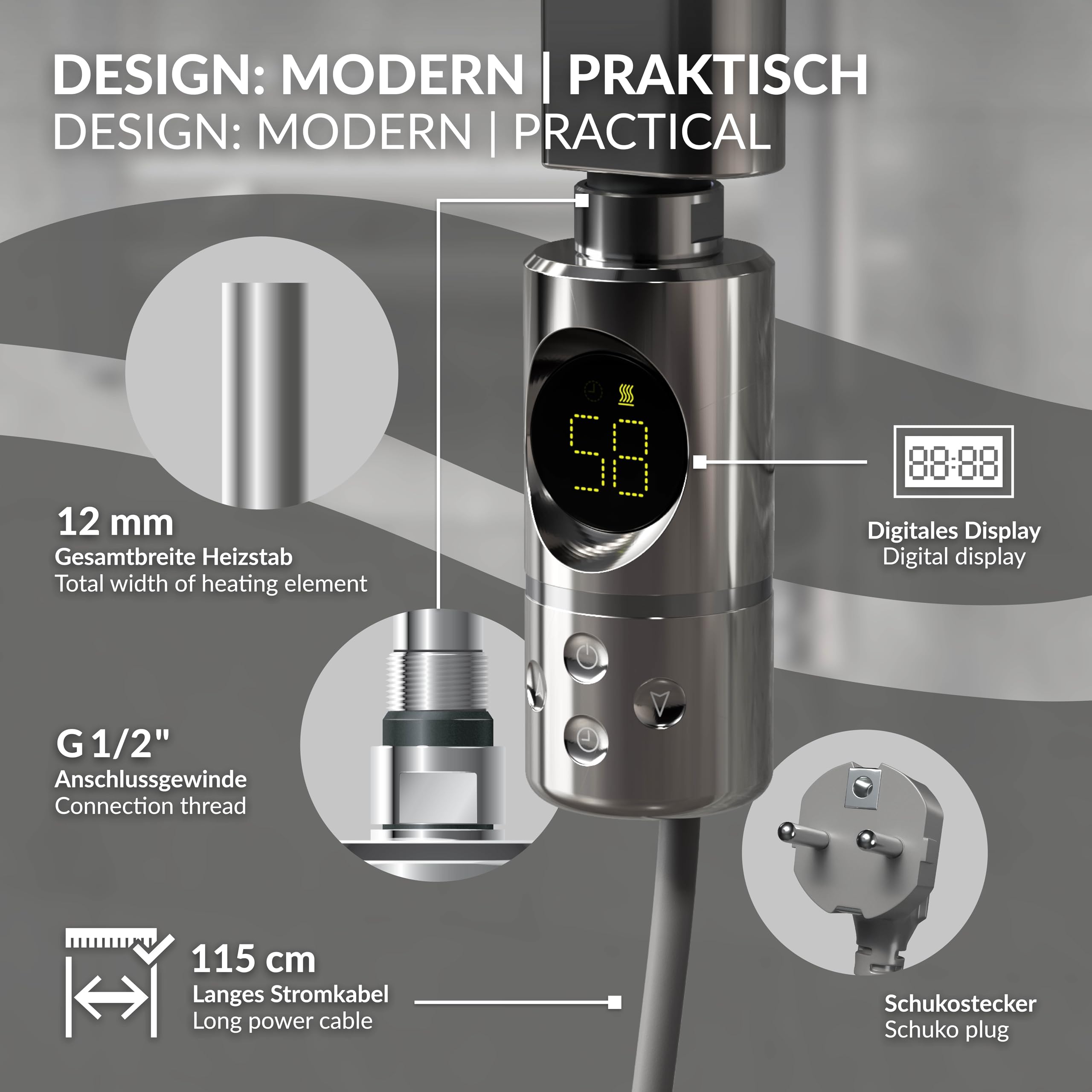 ML-Design Elemento Calefactor Eléctrico 900W de Acero Inoxiable Cromado para Radiadores, con Termostato y Pantalla Digital, Regulador Electrónico y Temporizador, Calentador de Inmersión con Enchufe