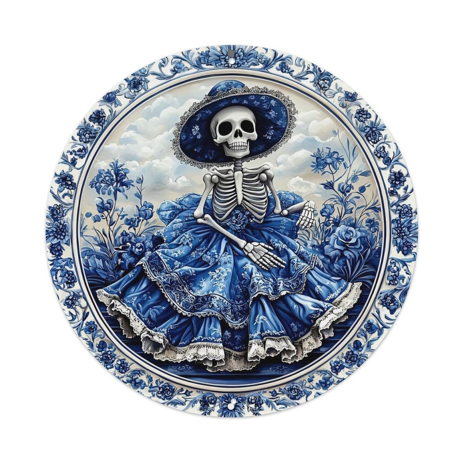 Blue Floral Skeleton Dress Hat Round Tin Sign Vintage Metal Sign Home Bar Garden Indoor & Outdoor Wall Decor Retro Metal Poster 8x8 Inch