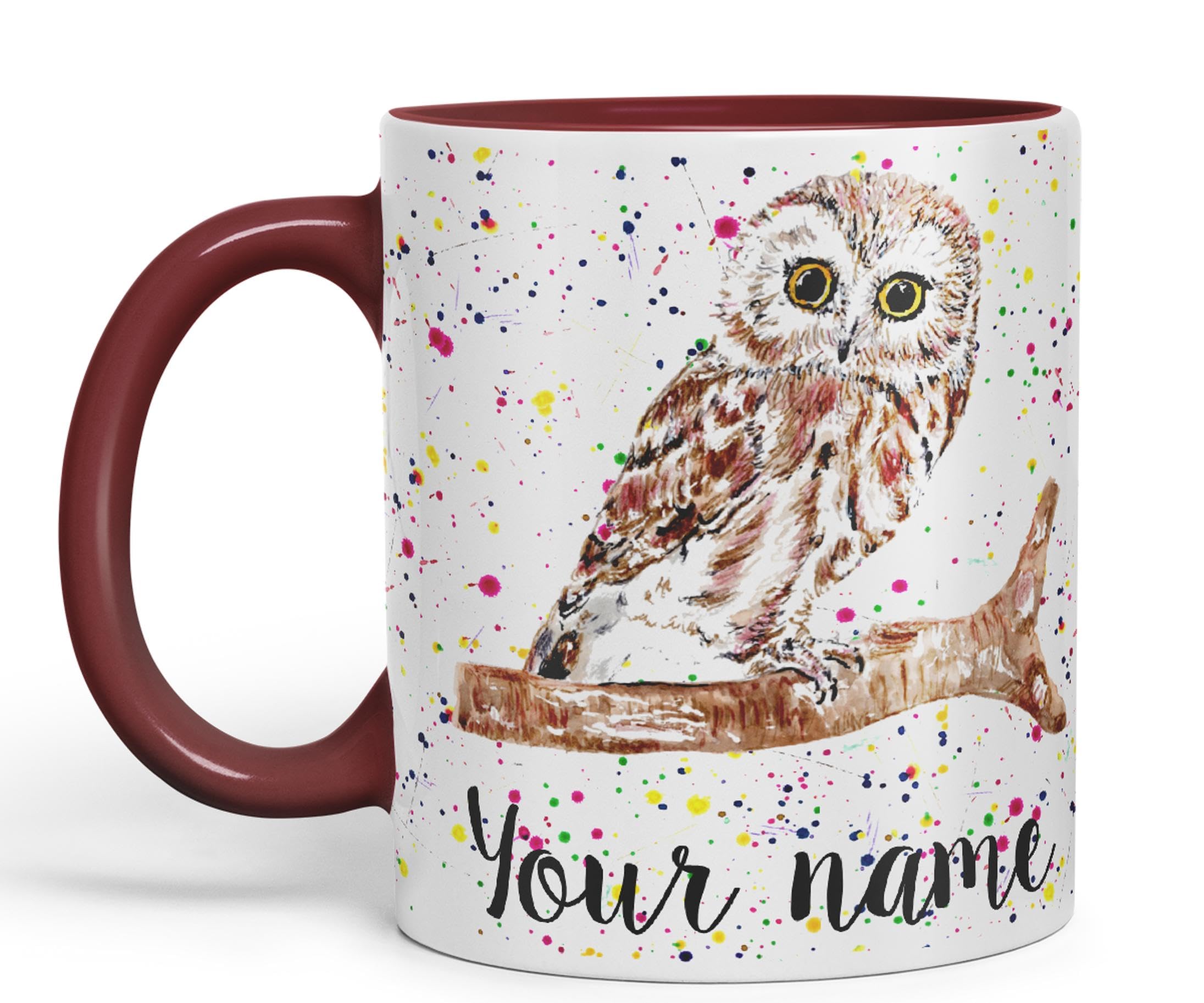 Vixar Personalised with Your Text Owl Bird Watercolour Art Coloured Ceramic Mug Cup Gift 330ml 11oz Custom Work Office Tea Coffee (O2) (Maroon)