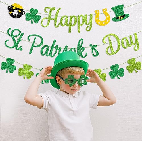 Miniatura 6 de PTFNY Cartel de trébol con purpurina para el día de San Patricio, pancarta del día de San Patricio, decoración de guirnalda de trébol para