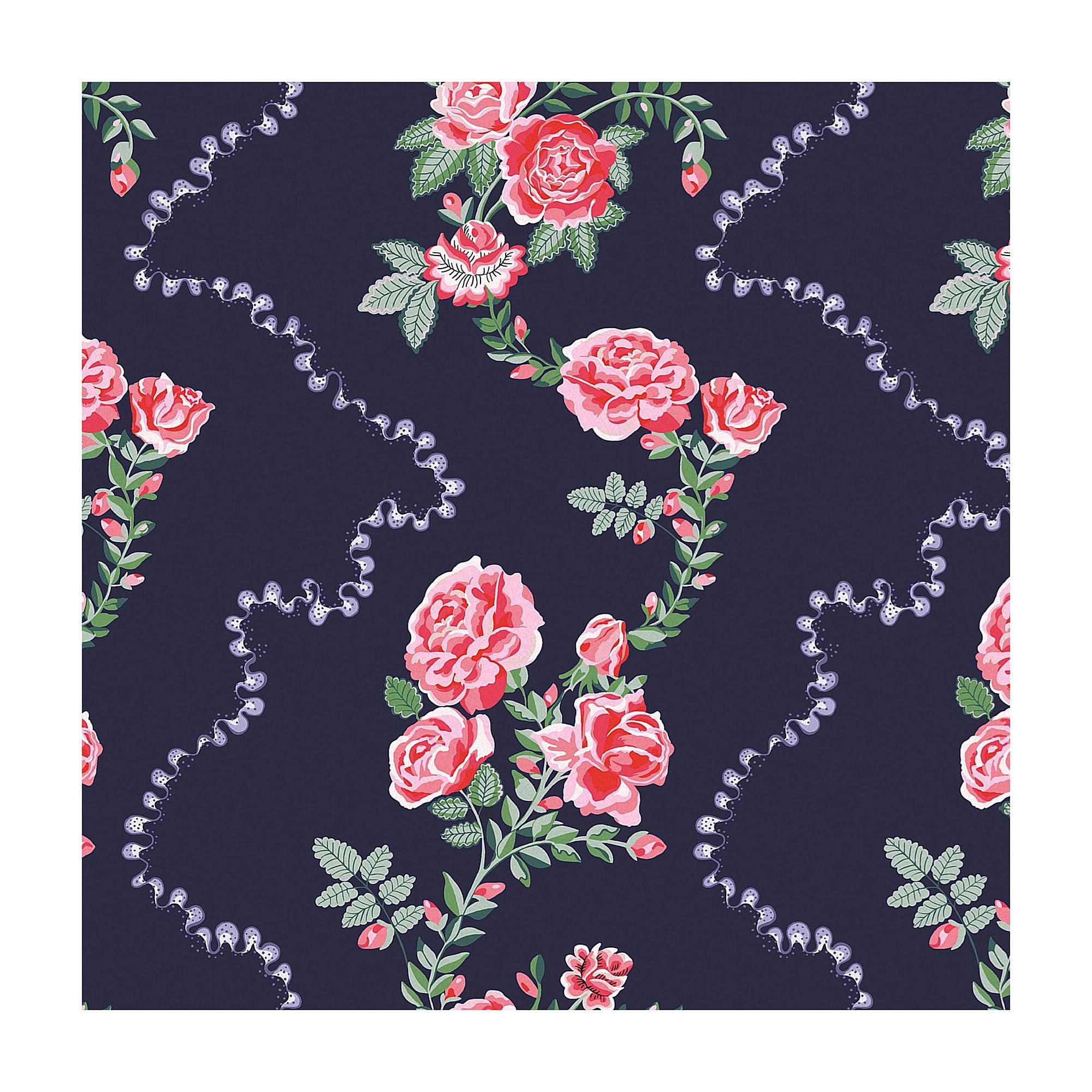 Papier peint bleu marine Cath Kidston à motif roses pour créer un salon cosy et chaleureux