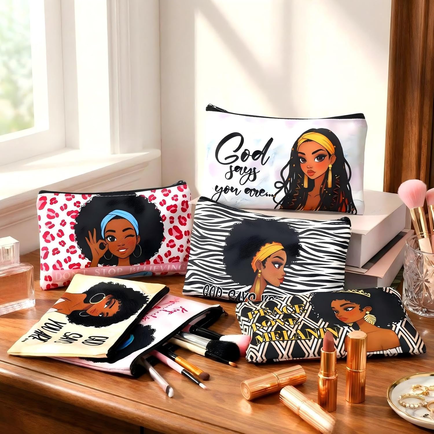 Abbylike 36 Pcs African American Makeup Bags Bulk Gifts Bulk Women Inspirational Afro Toiletry Canvas Cosmetic Bags Zipper Pouches for Travel Women Gifts 18 Styles