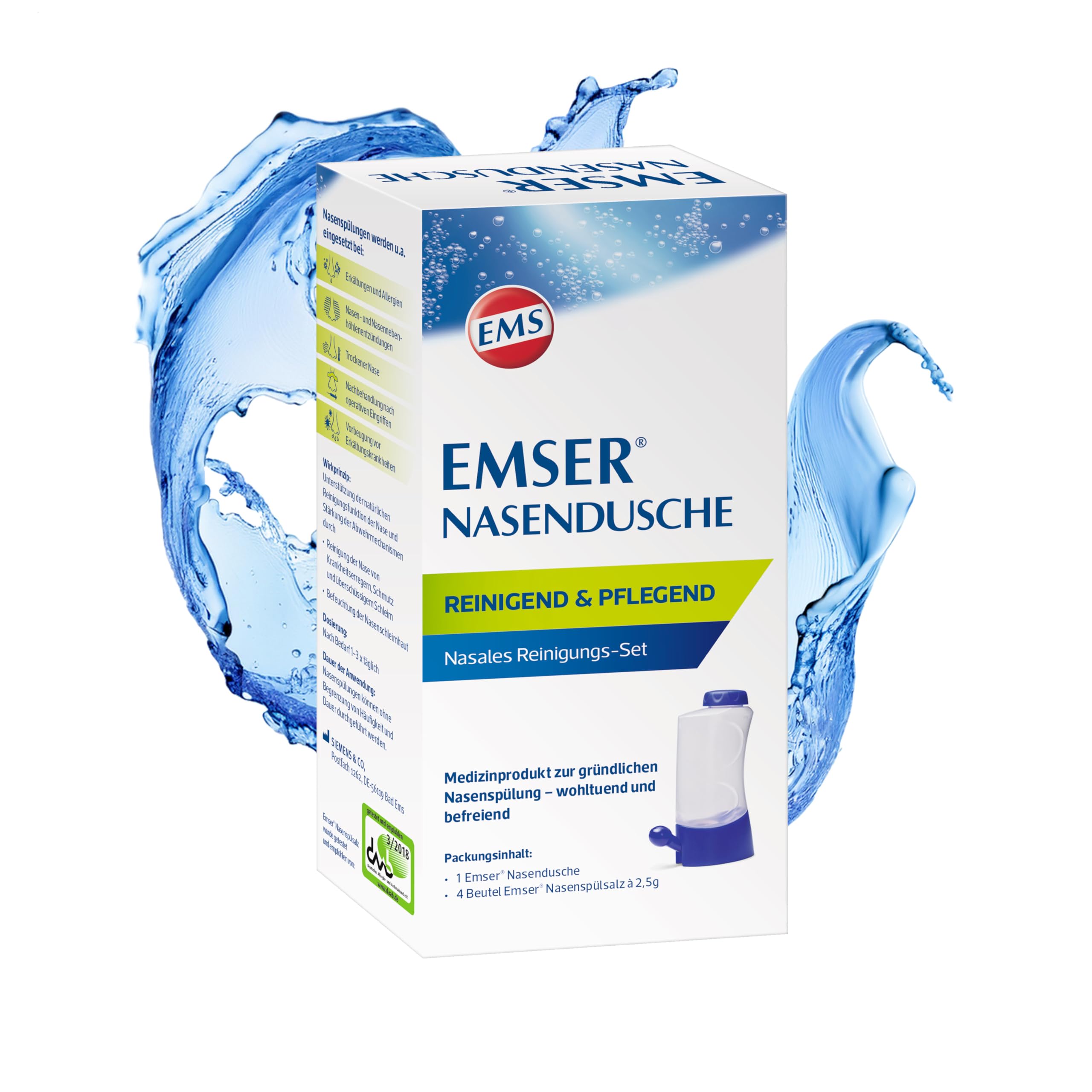 Emser Nasendusche inkl. Nasenspülsalz - Nasenspülung zur Vorbeugung von Erkältungskrankheiten, bei Allergien und zur Nasenpflege - 4 x 2,5 g Beutel