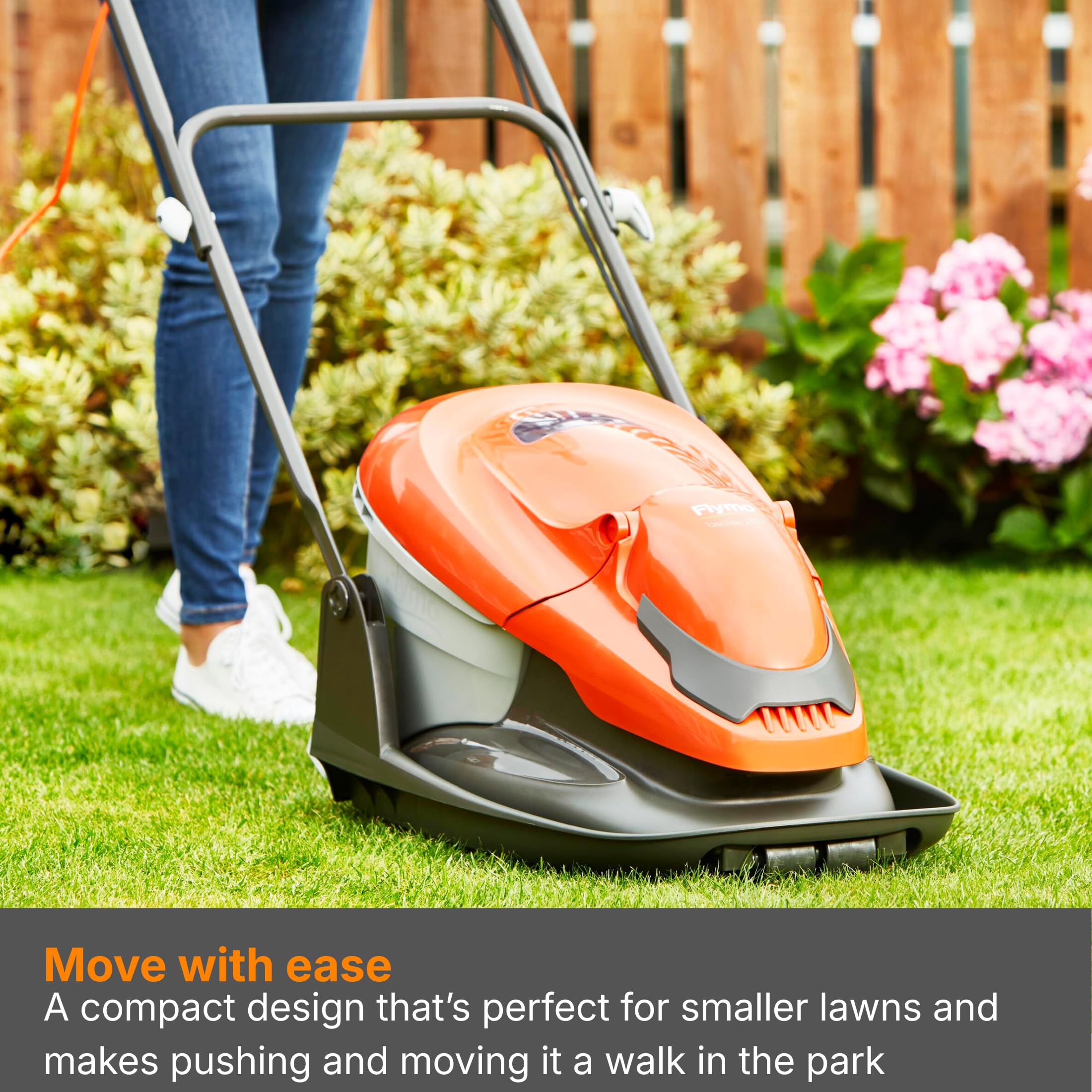 Flymo EasiGlide Hover Collect kosiarka 330 V, silnik 1700 W, szerokość cięcia 33 cm, skrzynka na trawę 20 l, składana na płasko, długość kabla 10 m, pomarańczowa i szara