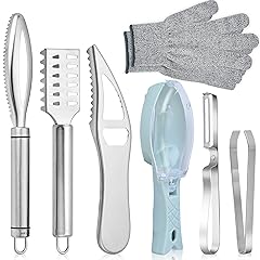 7 Pieces Fish Scaler Brush Remover with Gray Mitten, Stainless Steel Sawtooth Remover Removing Peeler Cleaning Tool Fish Shape Tweezers for Fish Scales Removing Peeling