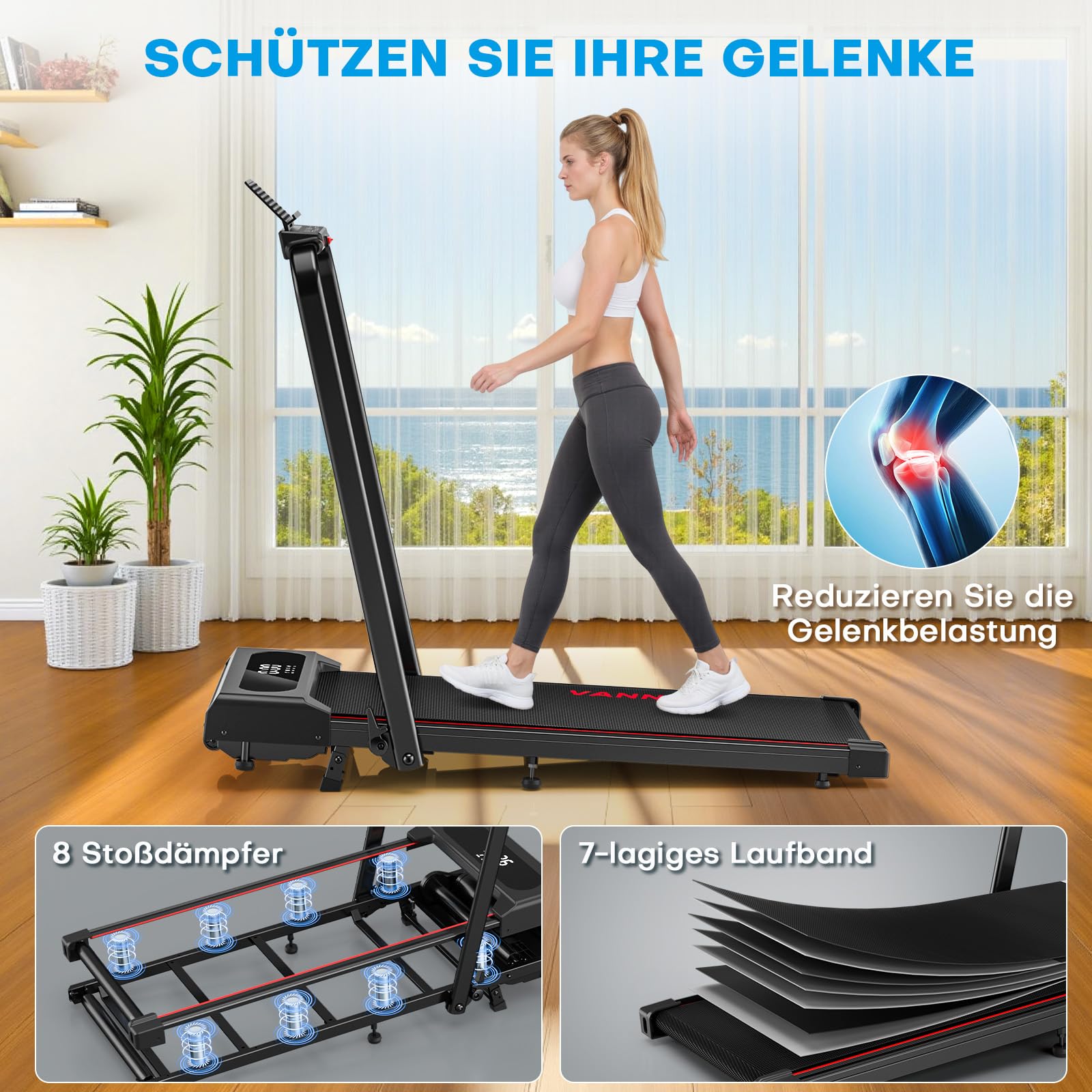 Laufband für Zuhause, VANNECT Walking Pad, 1-12 km/h Klappbares Laufband mit 9% Steigung, Ultra-Leise, LCD-Display, Dreifache Steuerung - Fernbedienung + App + Handlauf-Tasten, Belastbar bis 150 kg