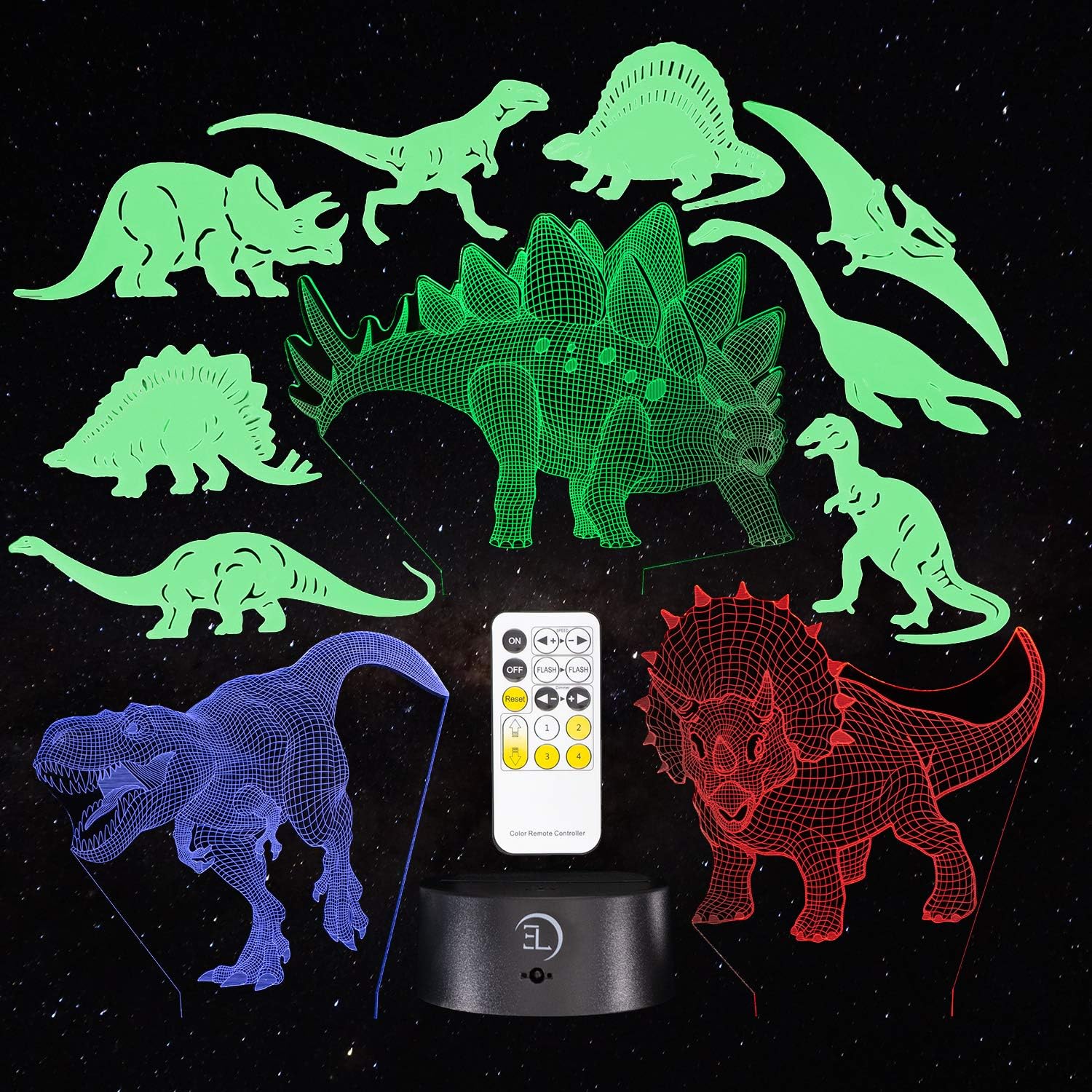 3D Dinosaur Night Light for Kids - 11 Pack of Dinosaur Lights 3D Illusion Decor - 7 Color Changing Lamp with Remote Control for Kids Bedroom