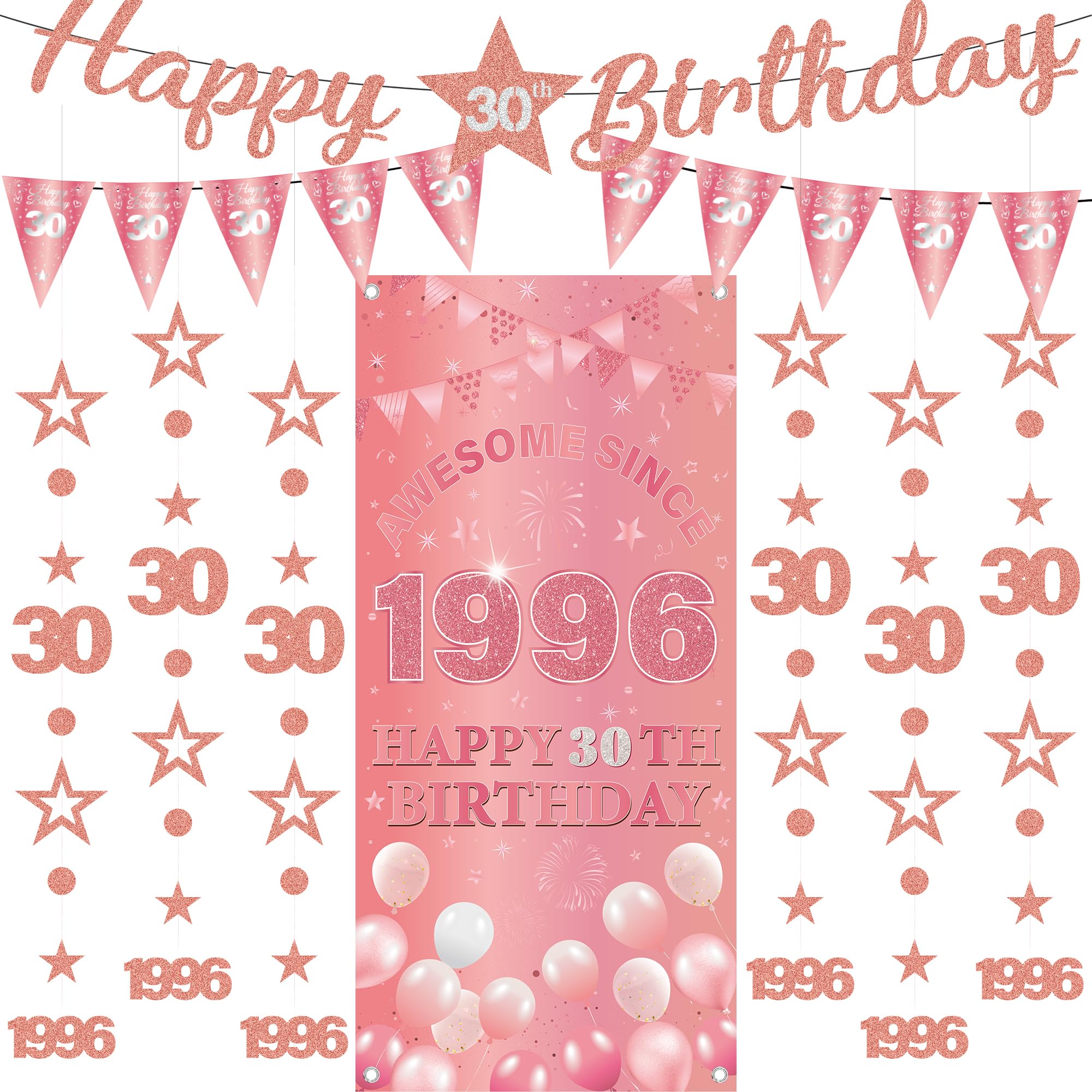 30th Birthday Decorations Women Banners - 9 Pcs Rose Gold Happy Birthday Banner Awesome Since 1996 Curtain Twinkle Star Dot Hanging Streamer Pennant for Her 30 Years Old Party Decor Supplies
