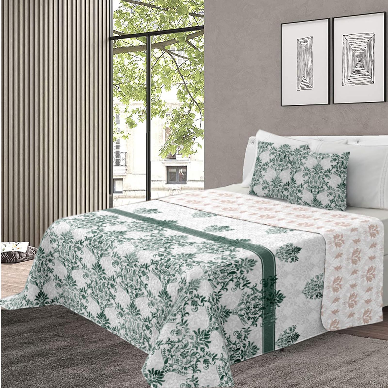 various - Colcha Bouti Estempada para Verano y Premivera,Reversible Color de Verde + 2 Funda Cojin 50x70 cm,Colcha Cubrecama Ligera Fina,Entretiempo 100% Poliéster. (Cama 135-230 x 260cm)