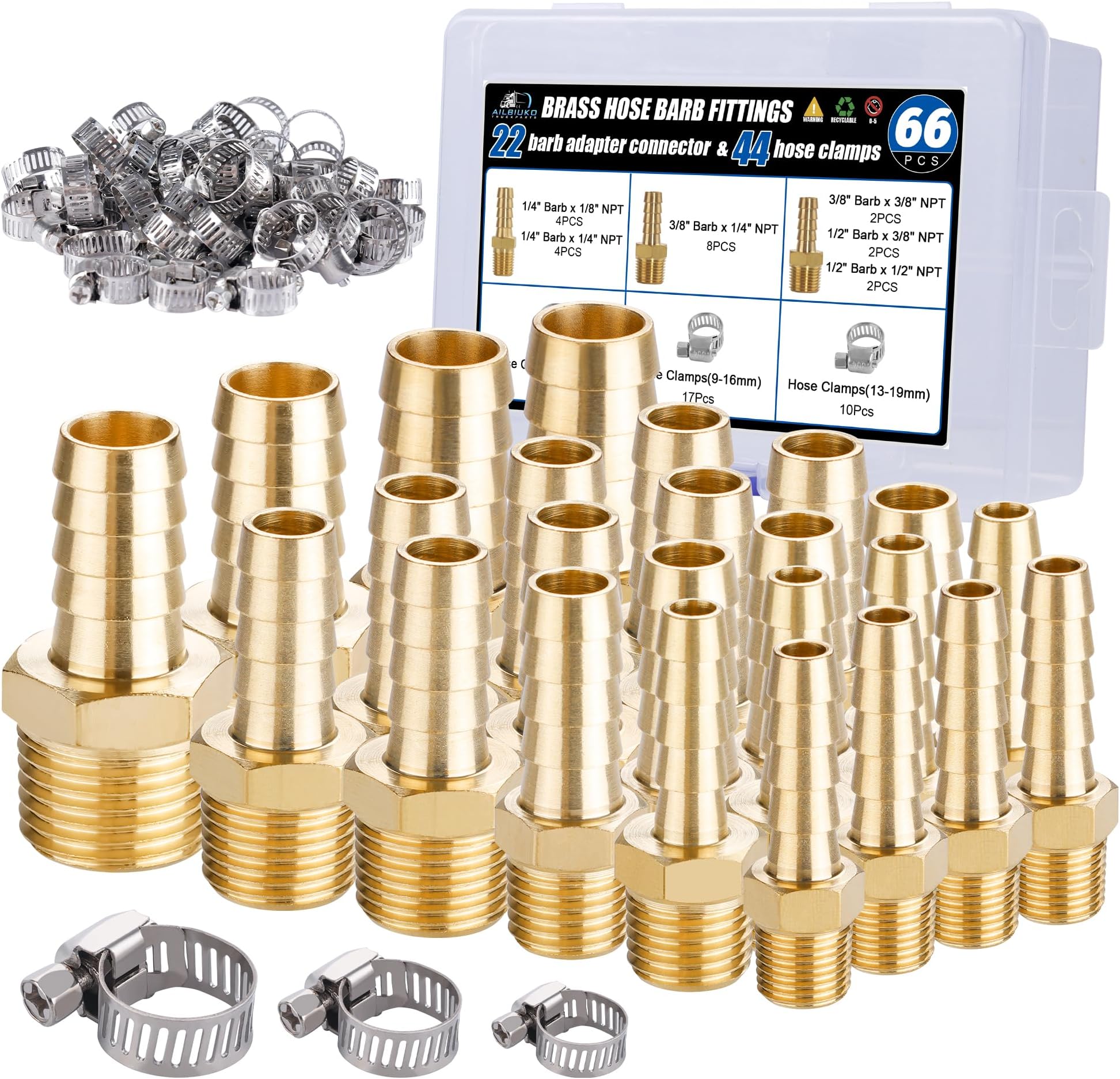 22Pcs Brass Hose Fittings, 3/8" Barb to 1/4" NPT, 1/4" Barb to 1/4" NPT Male, 1/8" 1/4" 3/8" 1/2" Barbed Air Hose Kit with 44Pcs Pipe Hose Clamps