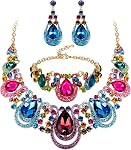 BriLove Costume Fashion Jewelry Set for Women Crystal Teardrop Hollow Scroll Statement Necklace Dangle Earrings