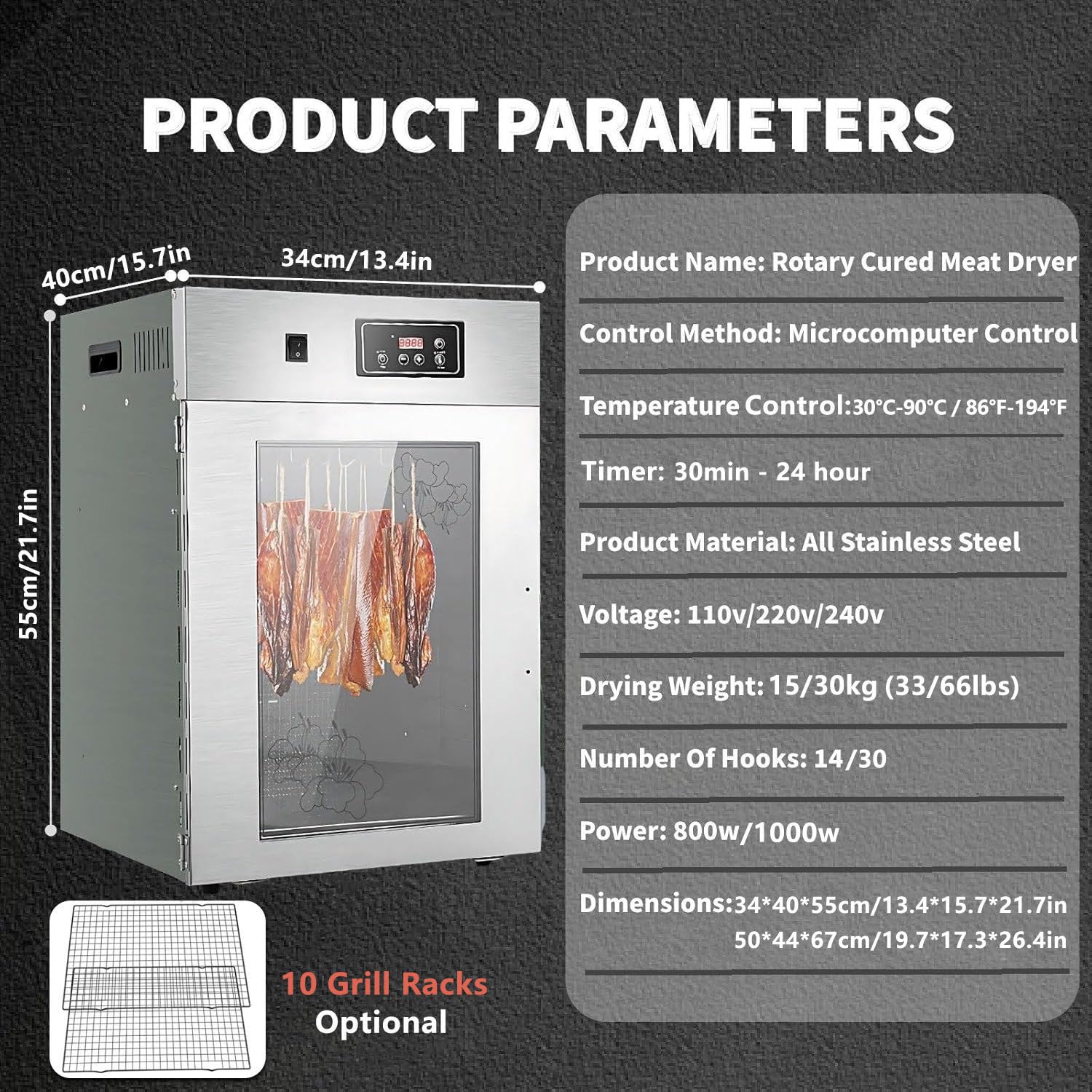 Deshidratador De Alimentos Giratorio De 360° Con Control De Temperatura 30-90 ℃, Caja De Acero Inoxidable Con Ganchos 14/30, Panel De Control LED, Capacidad De Secado 15/30 Kg 15kg/time-Standard