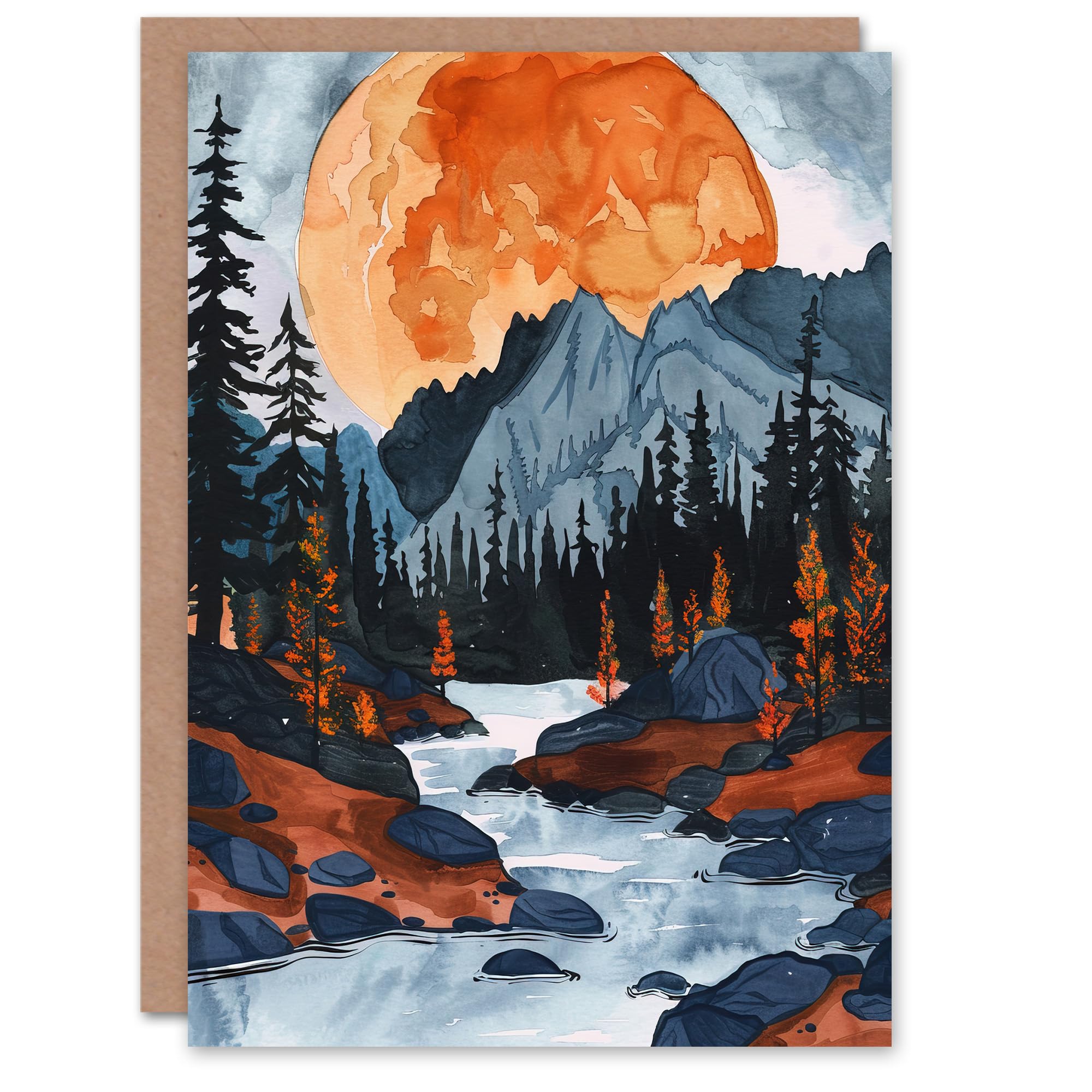Artery8 Greeting Card Orange Harvest Moon Over Rocky Mountains Forest Blank For Him Or Her Art Birthday Card