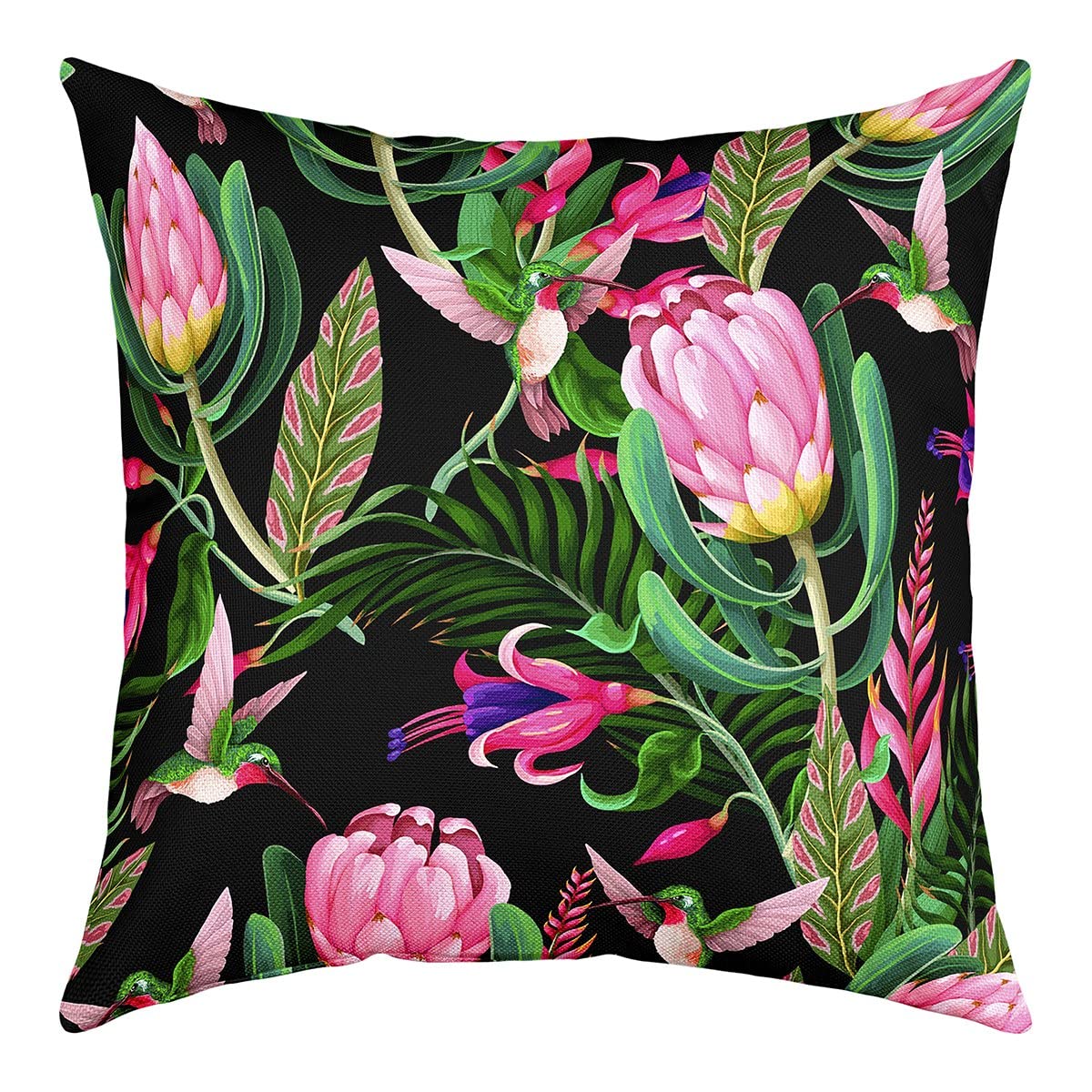 Richhome Multi 4 Pink Protea Flower Pillow Cover For Living Room Couch Decor Watercolor Africa Tropical Retro Floral Square Soft Throw Pillow Cover Rustic Animal Birds Decorative Cushion Cover,Single Pack,18"X18"