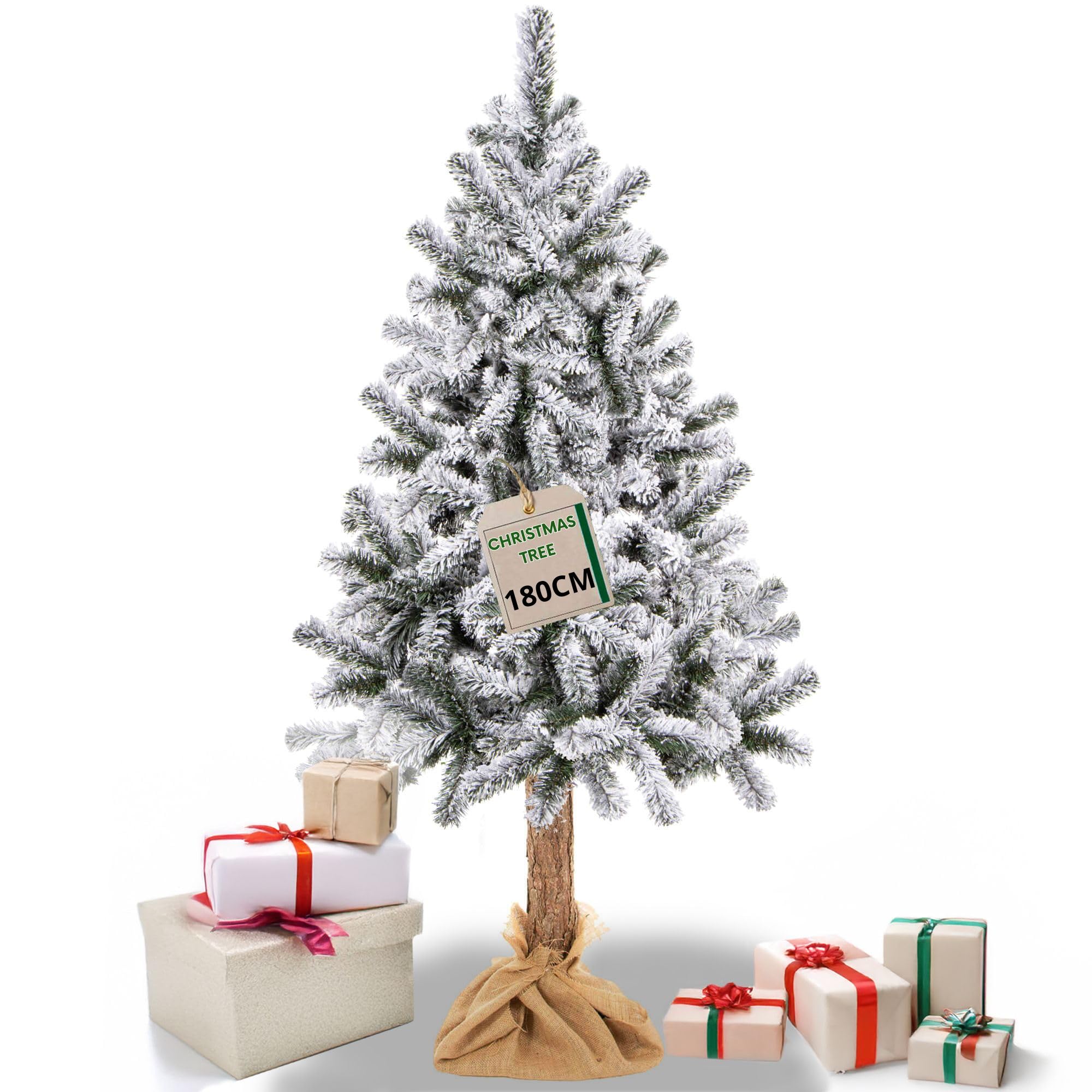 SPRINGOS Arbre de Noël Artificiel épicéa avec Tronc Naturel Neige Artificielle 180 cm