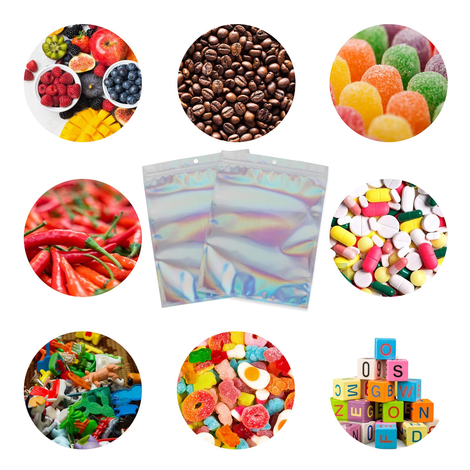 150 bolsas holográficas de doble cara, reutilizables, cierre de cremallera, a prueba de olores, bolsas de papel de aluminio