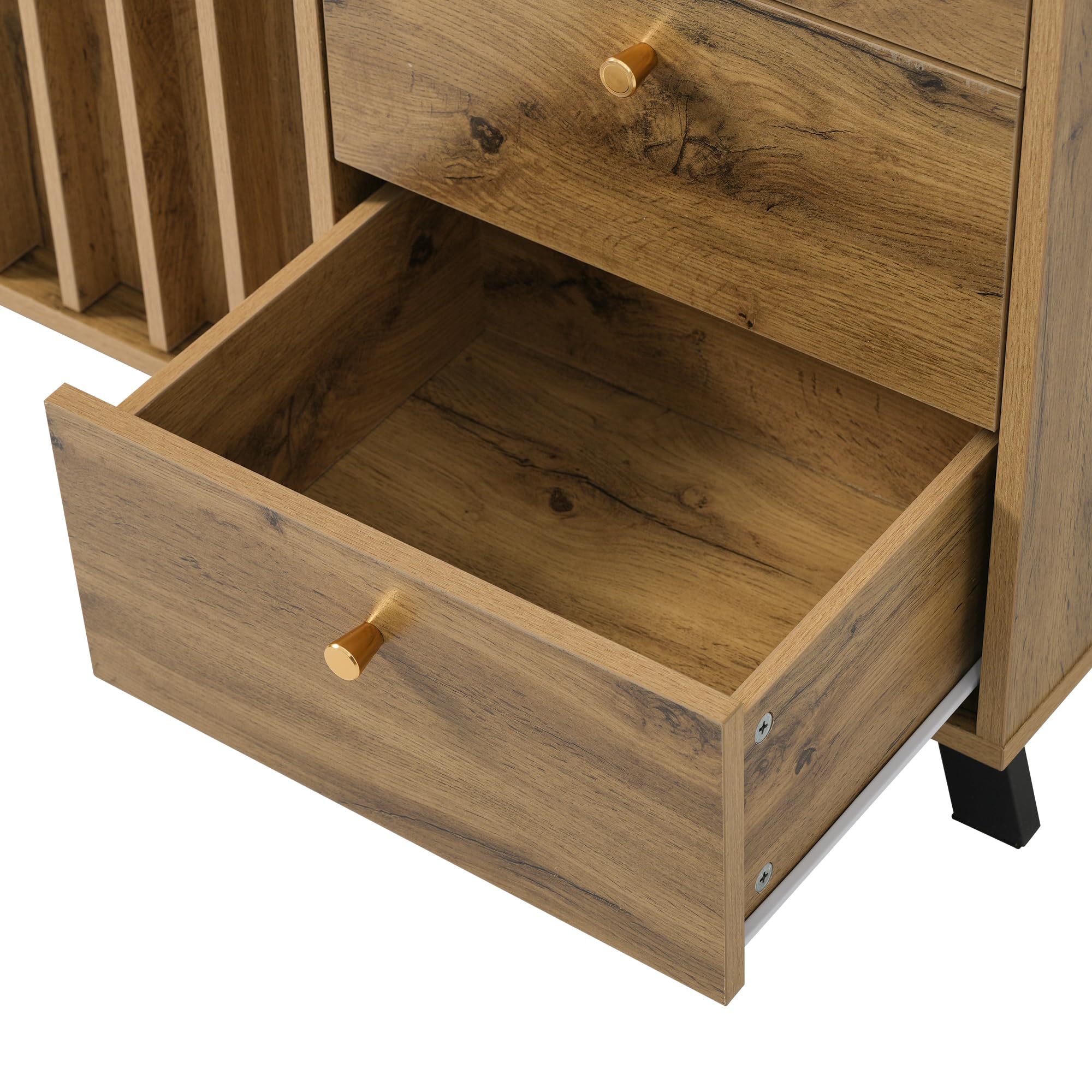 Aparador de 120 x 40 x 85 cm con 3 cajones y 2 puertas, armario de almacenamiento con compartimento abierto y frente de láminas en estilo vintage para salón, comedor, pasillo y entrada en roble oscuro