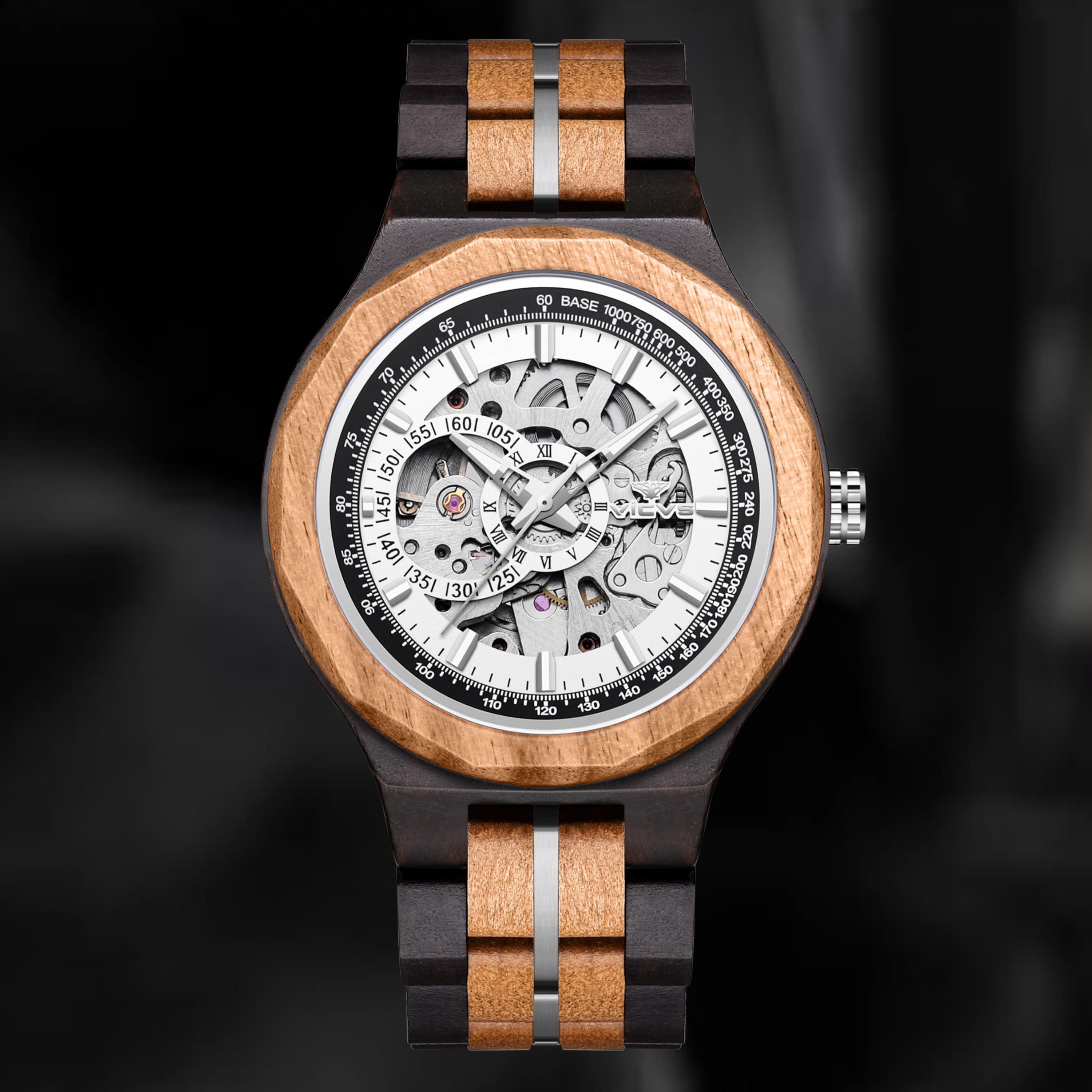 Orologio sportivo da uomo automatico noce naturale con data, orologio automatico multifunzionale in legno