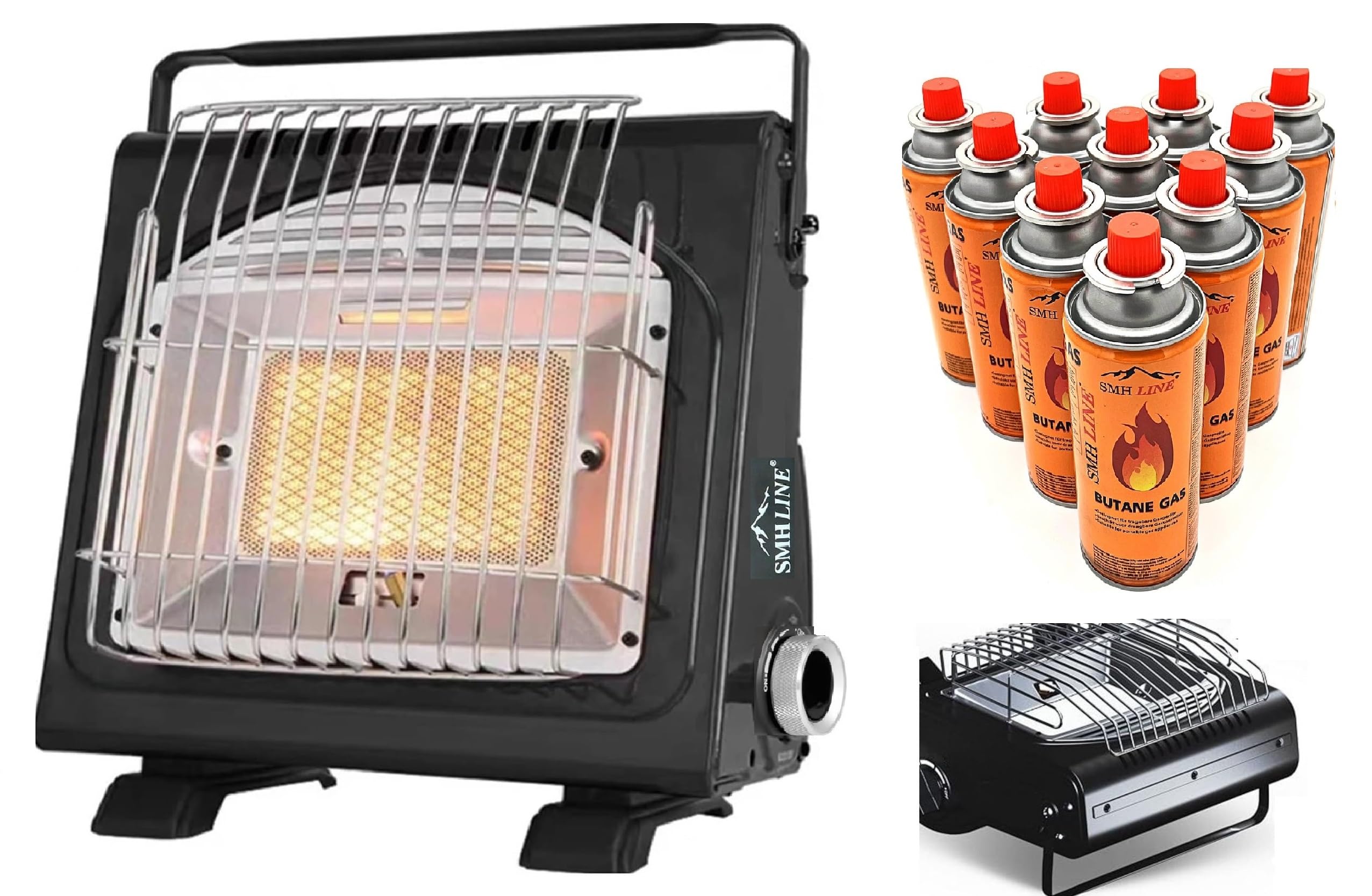 SMH LINE® Calefactor de gas portátil 2 en 1 para camping + 16 cartucho de gas butano, caravana, quemador de 1,7 kW, quemador, calentador de cerámica