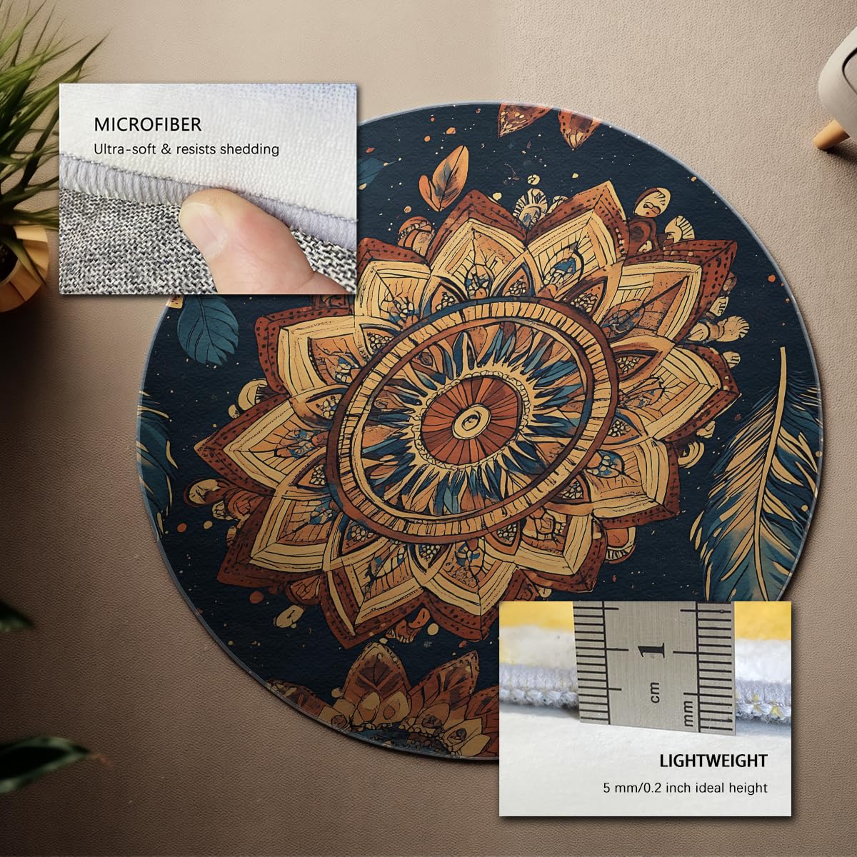 Boho medytacja paw pióropusz okrągły dywanik 130 cm psychodeliczny warstwowy kwiatowy dywanik można prać w pralce dywan z niskim runem antypoślizgowy składany do salonu sypialni biura granatowy
