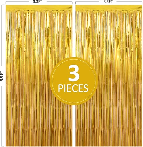 Miniatura 2 de Decoraciones de fiesta de cumpleaños 3 paquetes de cortinas de flecos de lámina dorada de 3.3 x 9.9 pies, suministros de fiesta, telón de fondo de