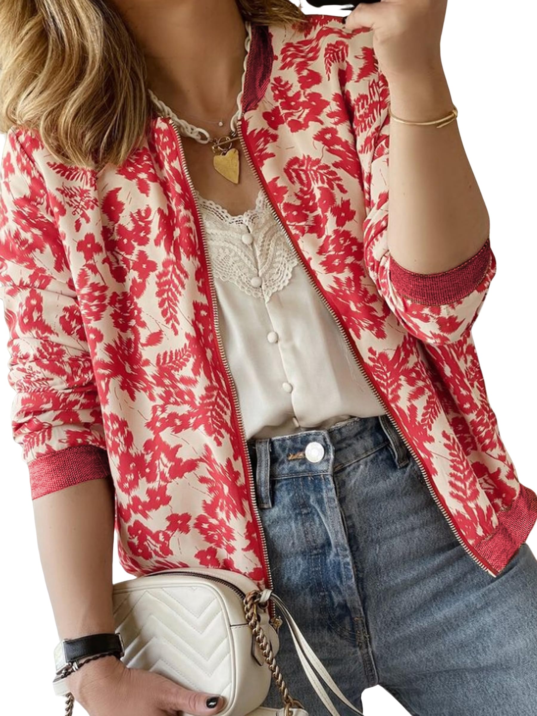 Ecowishwomens Casual Floral Zip Up Bomber Jacket Coat Lightweight