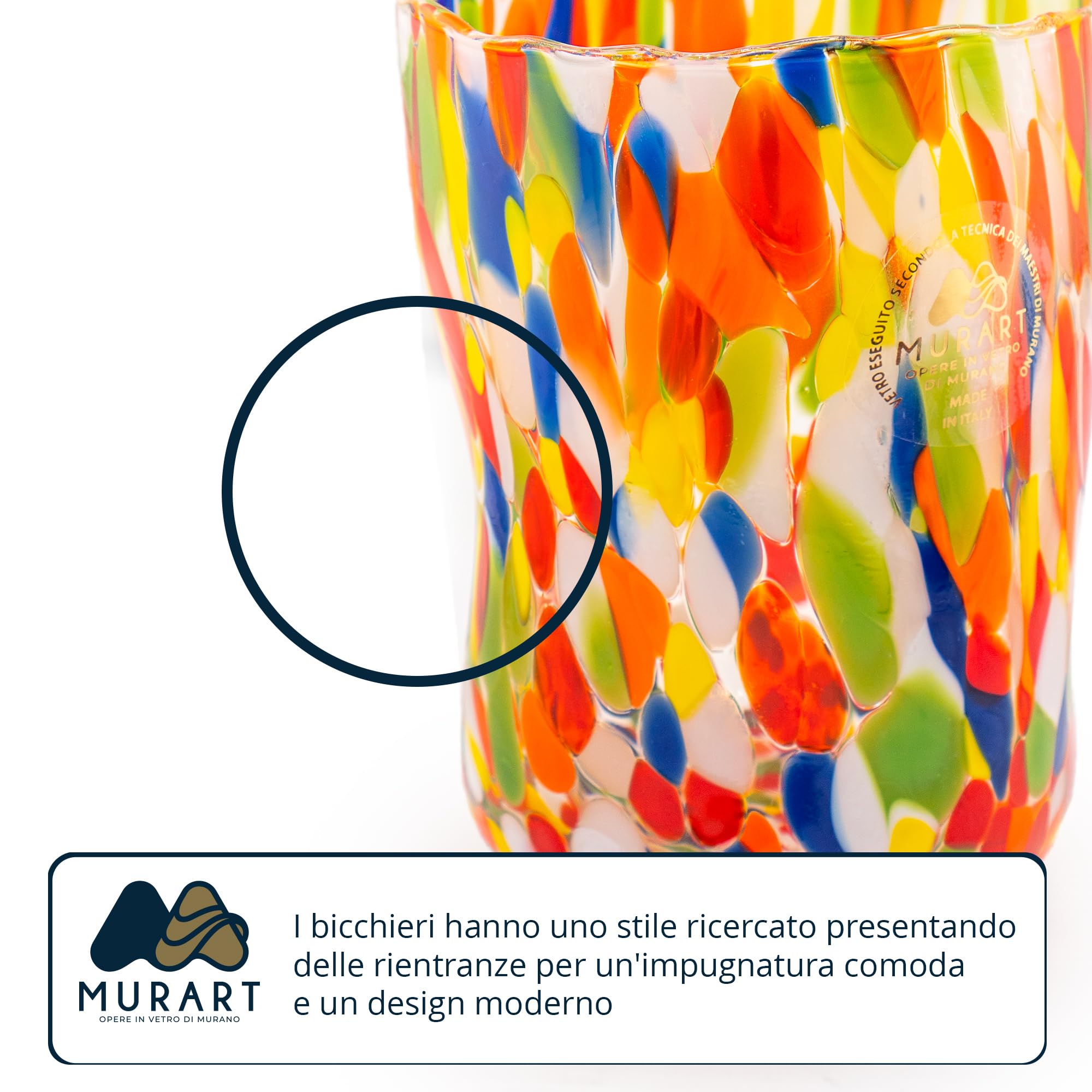 MurArt 6 Bicchieri di Murano Set da 6 Bicchieri Misto da Acqua da 400ml in Vetro Soffiato a Mano in Lavorazione Artigianale Collezione Eleganza Made in Italy