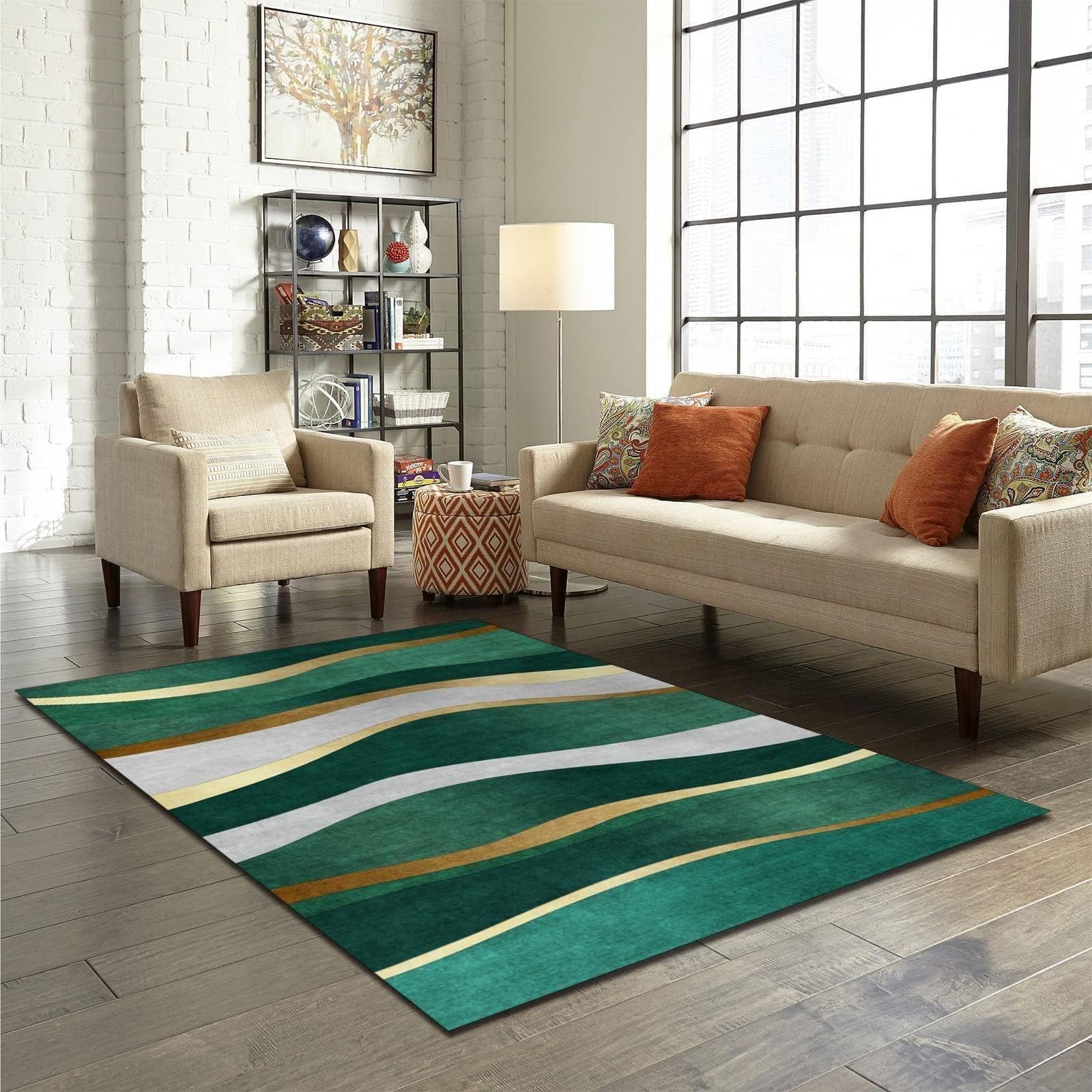 Tapis de Décoration Rayures Irrégulières Vert émeraude Doré, 140 x 200 cm Tapis Moquette de Chambre à Poils Ras, Paillasson Intérieur - pour Chambre à Coucher de Salon