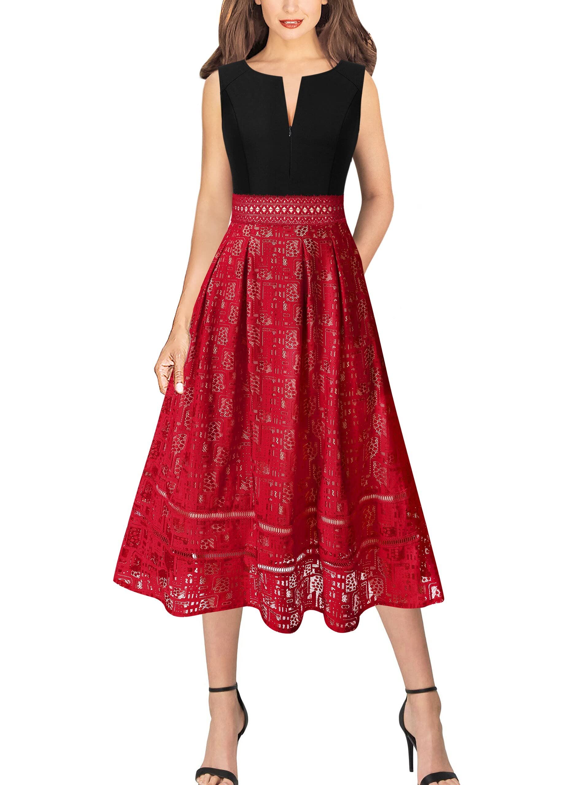 VFSHOW Womens Lace Applique Tie Waist Front Zipper Pockets Pleated Cocktail Party A-Line Midi Dress