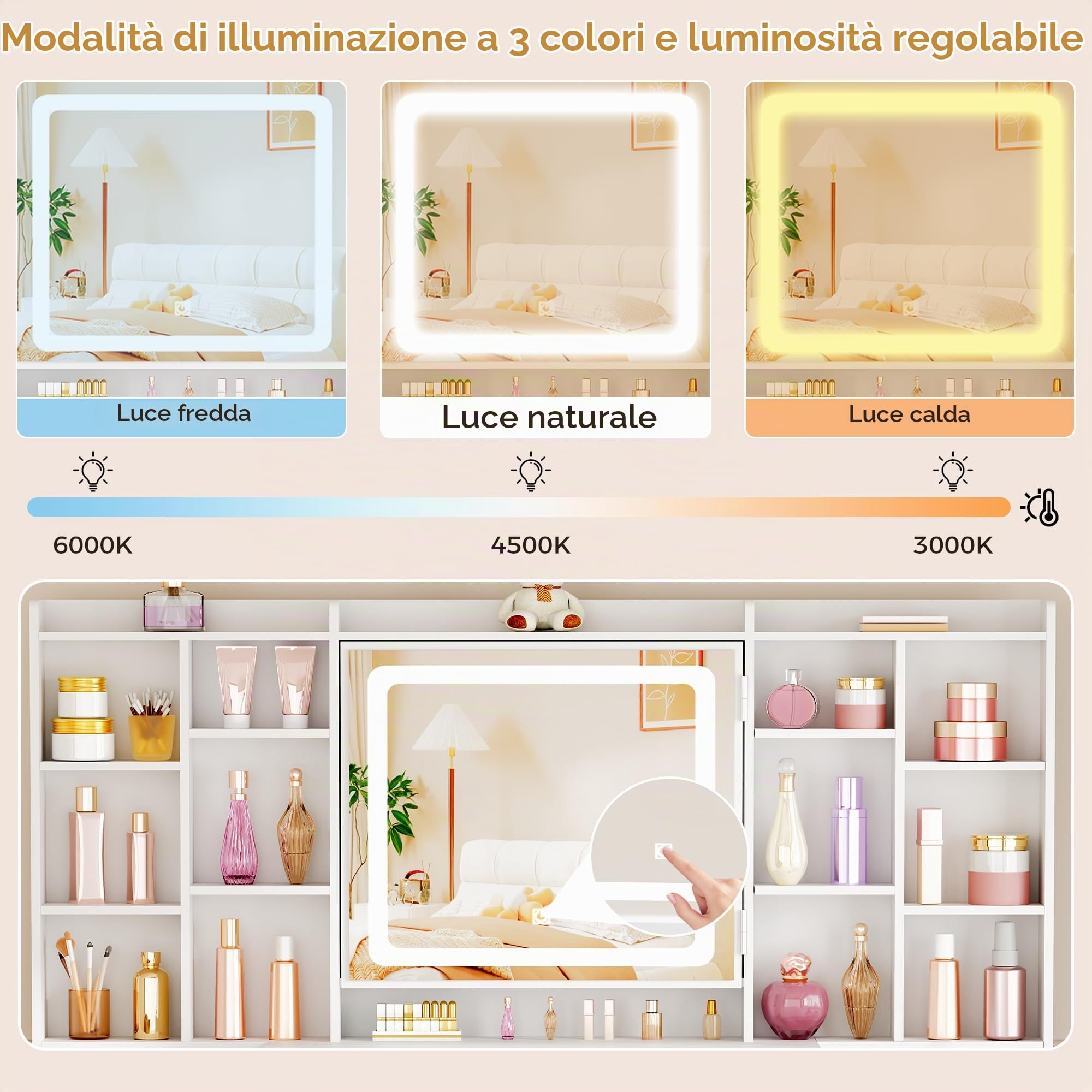 ANWBROAD 150cm Toeletta da Trucco con Specchio e Luci LED Ripiani nascosti