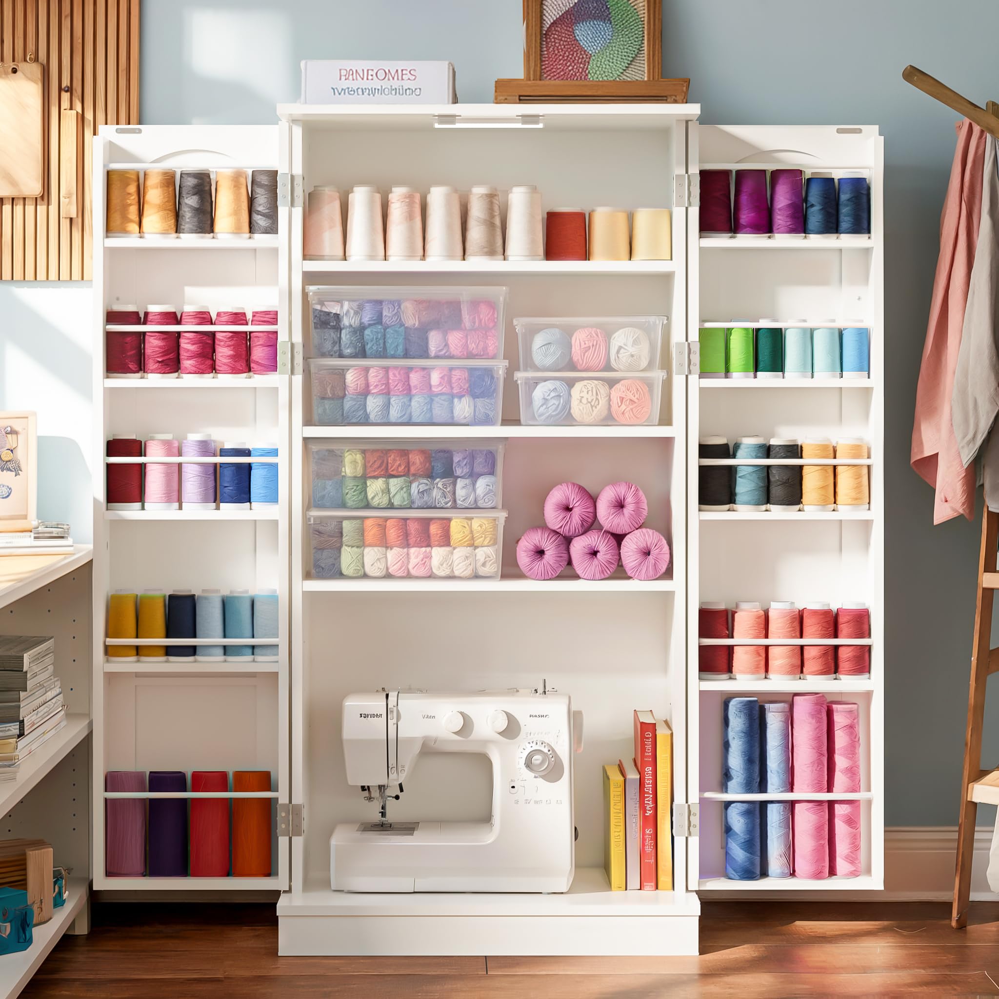 50" Craft Storage Cabinet with LED Lights – Adjustable Shelves Sewing Organizer, Multi-Purpose Sewing Cabinet for Craft Room/Home Office Storage