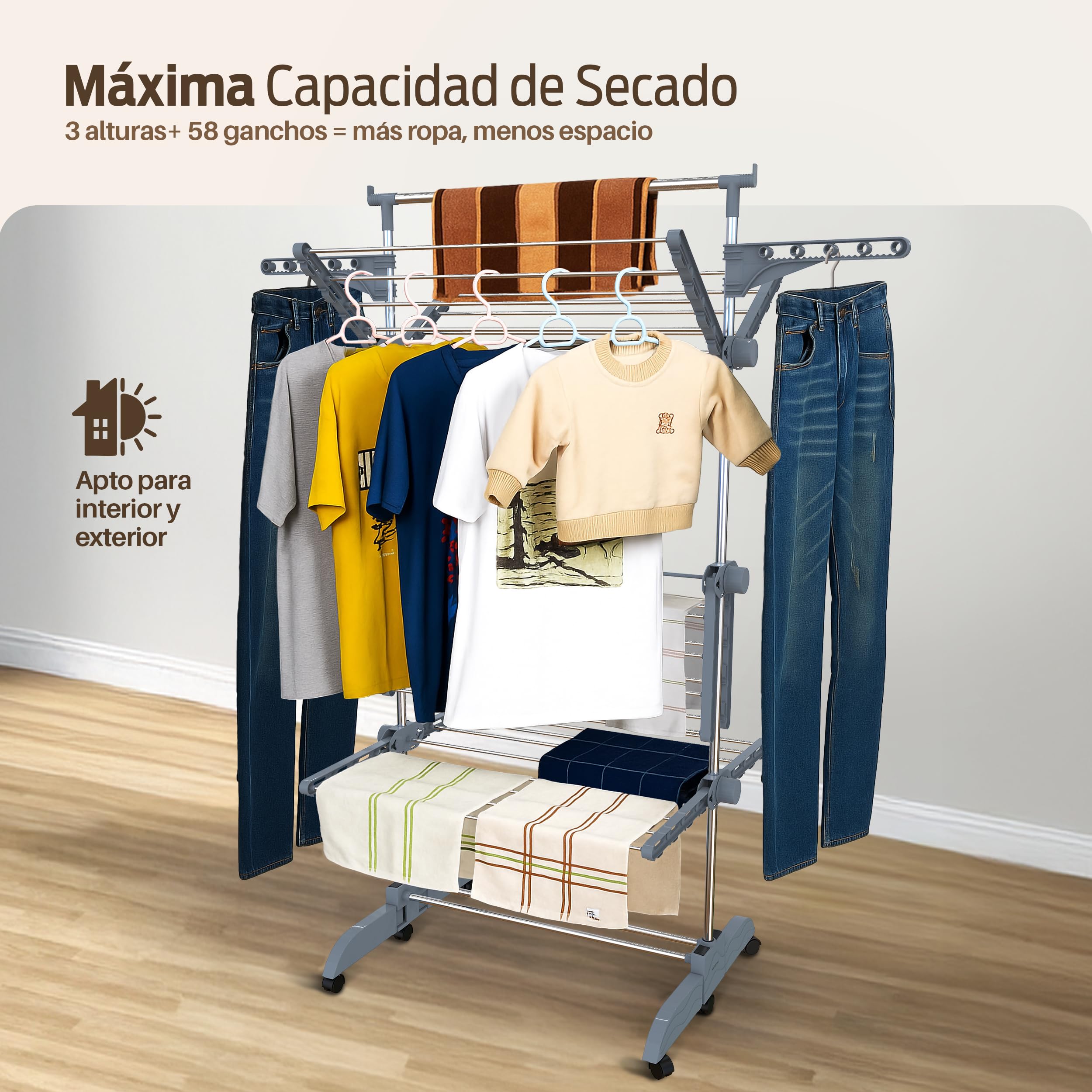 PORTENTUM Tendedero Vertical Plegable 14 cm – 5 Niveles y 58 Ganchos para Perchas – hasta 40 kg – Tenderete 24 Barras de Secado de Acero Inoxidable – Interior y Exterior – Ruedas giratorias con Freno