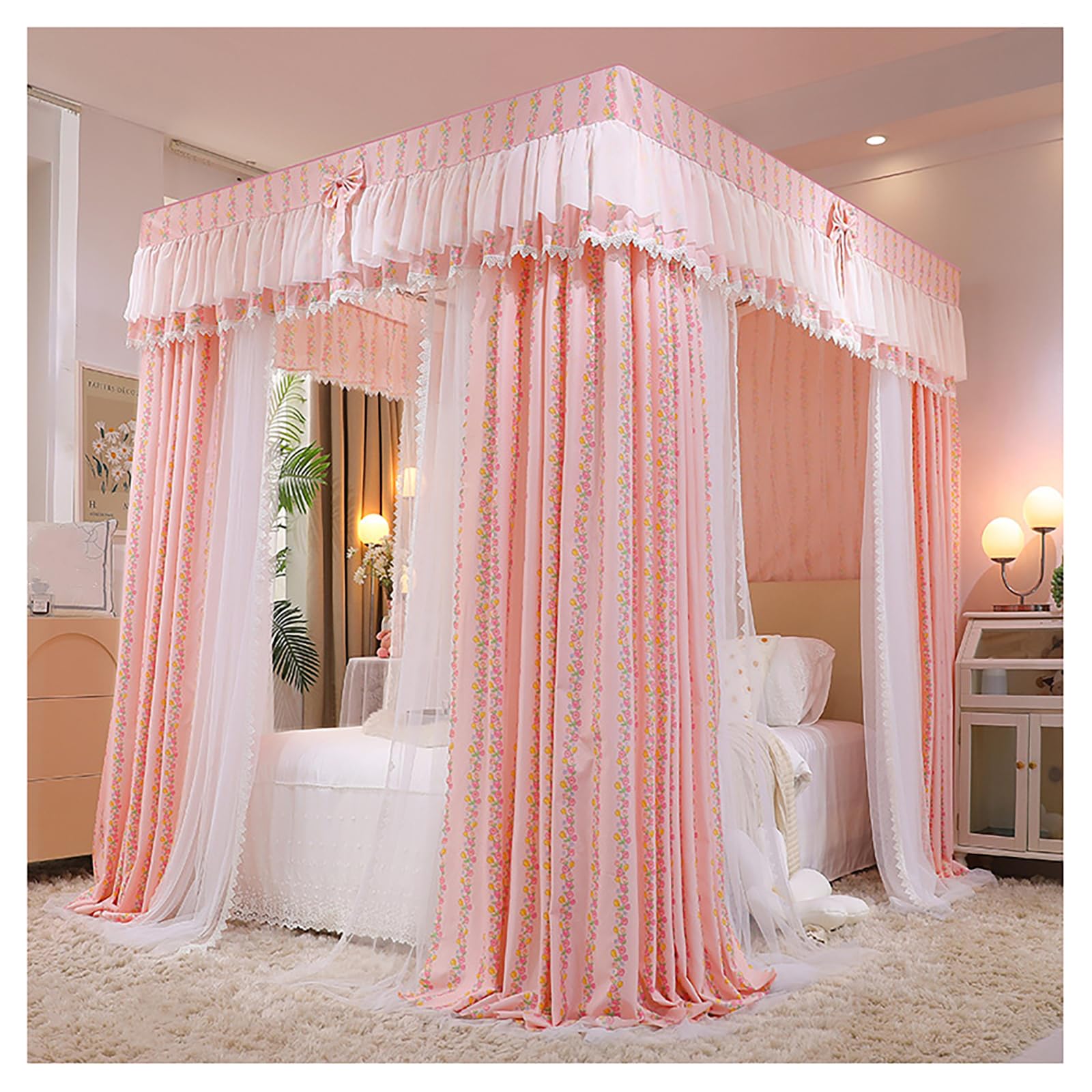 Himmelbett mit 4-Pfosten-Design und Gestell • Prinzessinnen-Moskitonetz für Mädchenzimmer, doppellagiger Himmel mit Vorhängen, passend für Doppel-/Kingsize-/Super-Kingsize-Betten (Größe: 1,5