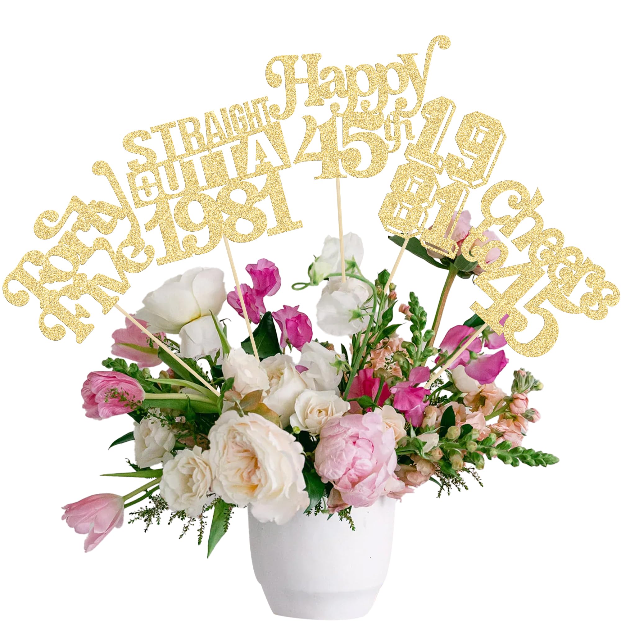 Gyufise 15Pcs Happy 45th Birthday Centerpiece Sticks Forty Five Straight Outta 1981 Table Flower Centerpieces Sticks Cheers to 45 Decorations for 45th Birthday Party Supplies Gold