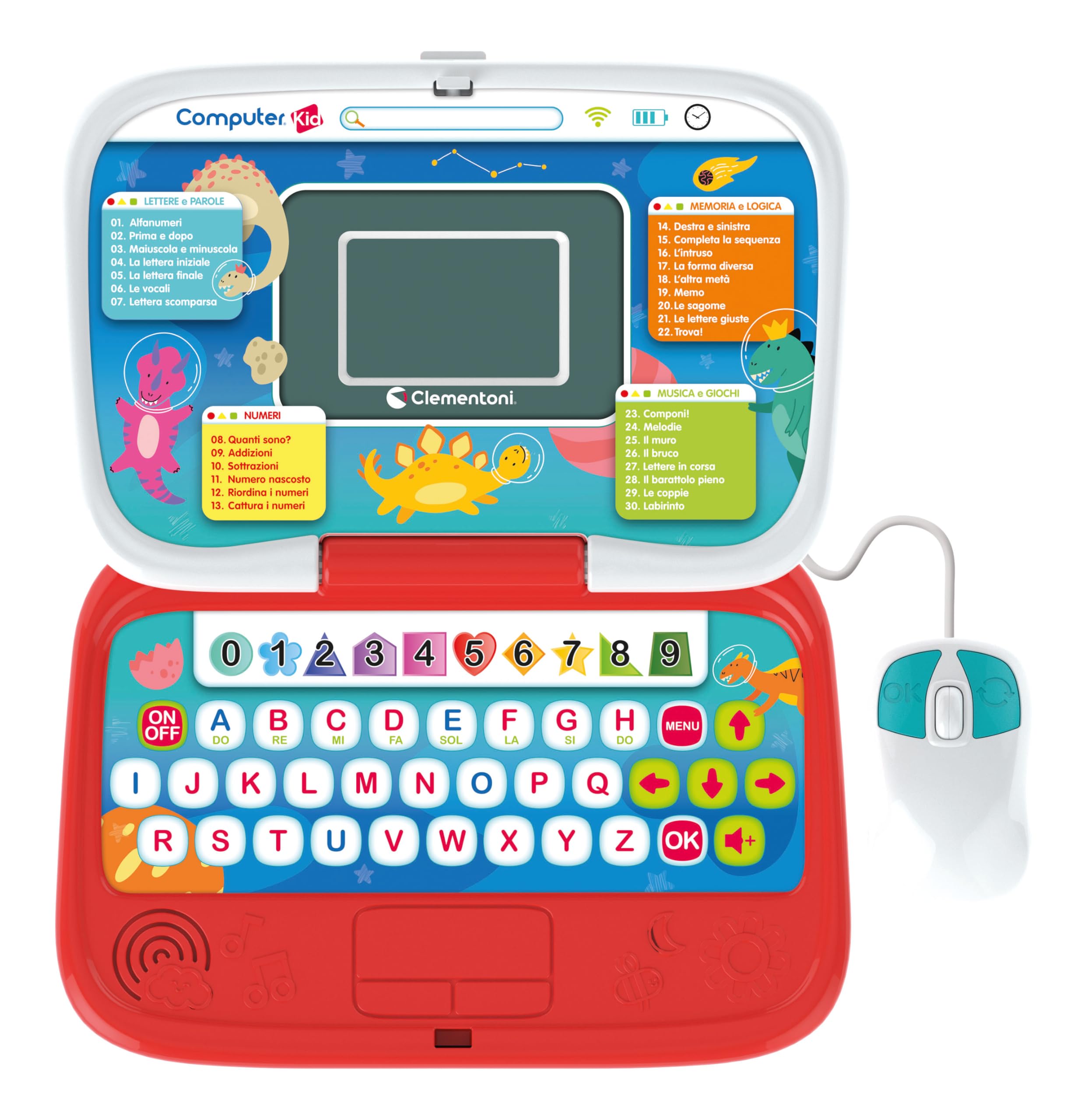 Clementoni - Computer Kid Smart Laptop Educativo Bambini 4+ Anni, 30 attività Educative, Gioco Elettronico per Imparare Lettere, Numeri e Musica, Mouse e Batterie Inclusi, Lingua Italiana, 16482