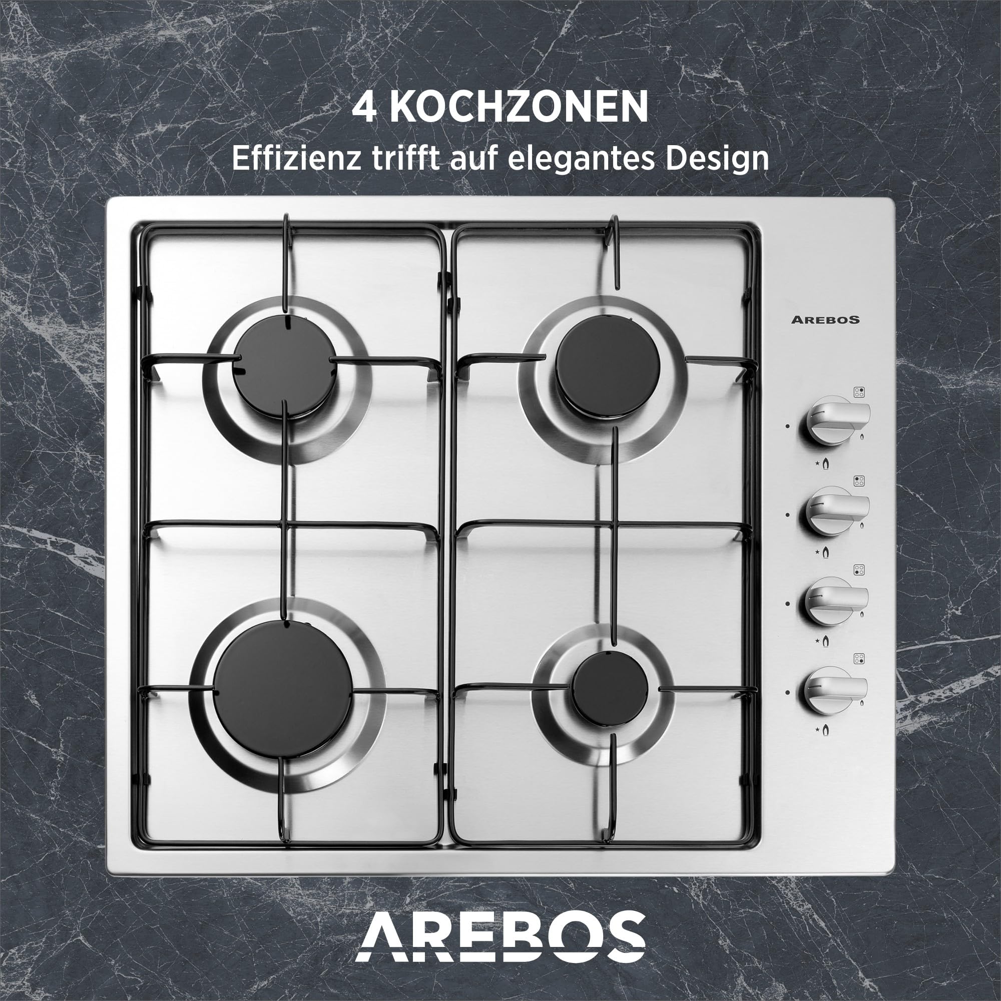 Arebos Gaskochfeld 4 Flammig | 58 cm Edelstahl Gasherd mit automatischem Flammenschutz | Erd- oder Propangas | Gaskocher Autark, effizient und energiesparend