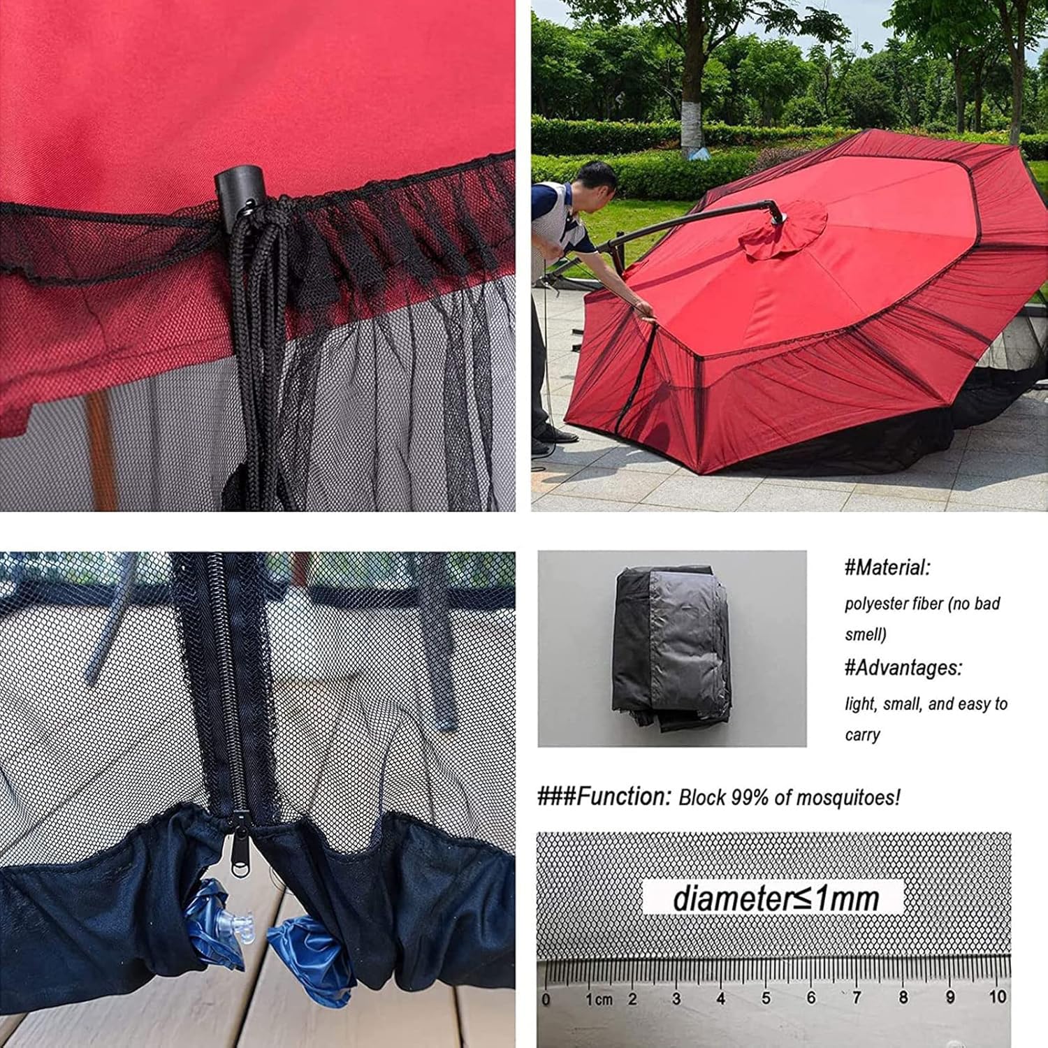 Zanzariera per Ombrellone 3x3, Rete Antizanzare per Ombrellone da Giardino Esterno, Universale Regolabile Schermo con porta a cerniera per Gazebo Ombrelloni tavoli da patio, AntiVento (Nero)