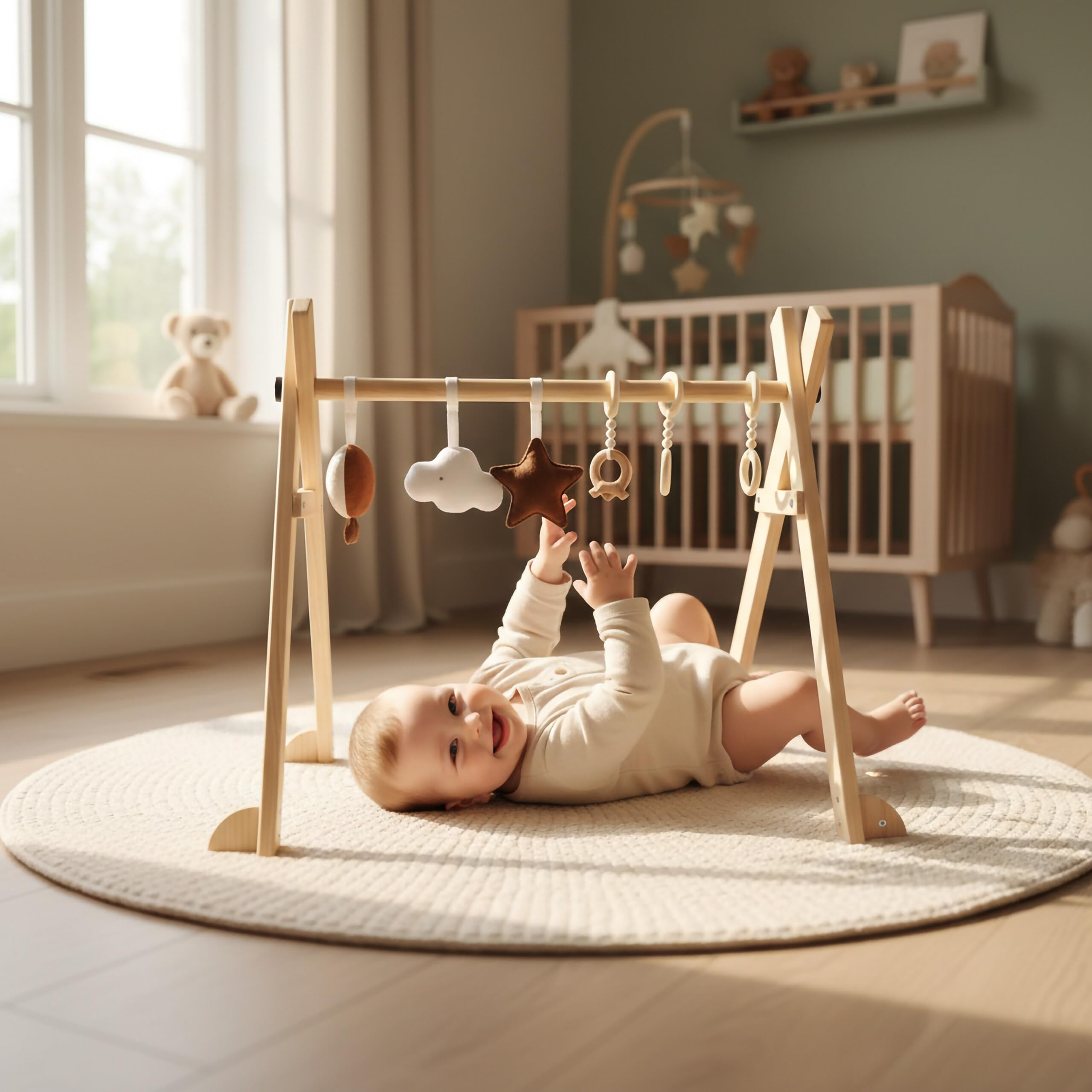 Relaxdays arco de juegos madera, 6 colgantes extraíbles, natural | 55 x 68 x 59,5 cm, fomenta motricidad, Baby gym