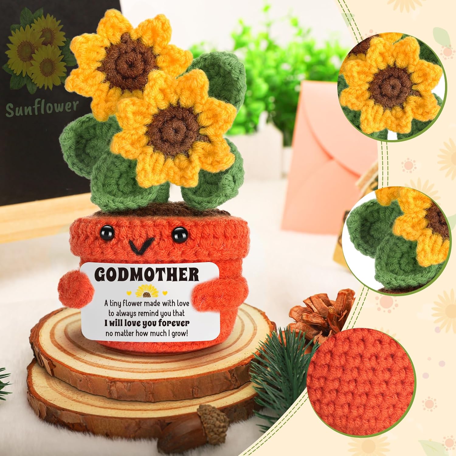 LuoHere Godmother Gift from Godchild, God Mother Gifts for Women, Best Godmother Ever Christmas Happy Birthday Mothers Day Ideas, Unique Funny Handmade Crochet Sunflower - Image 6