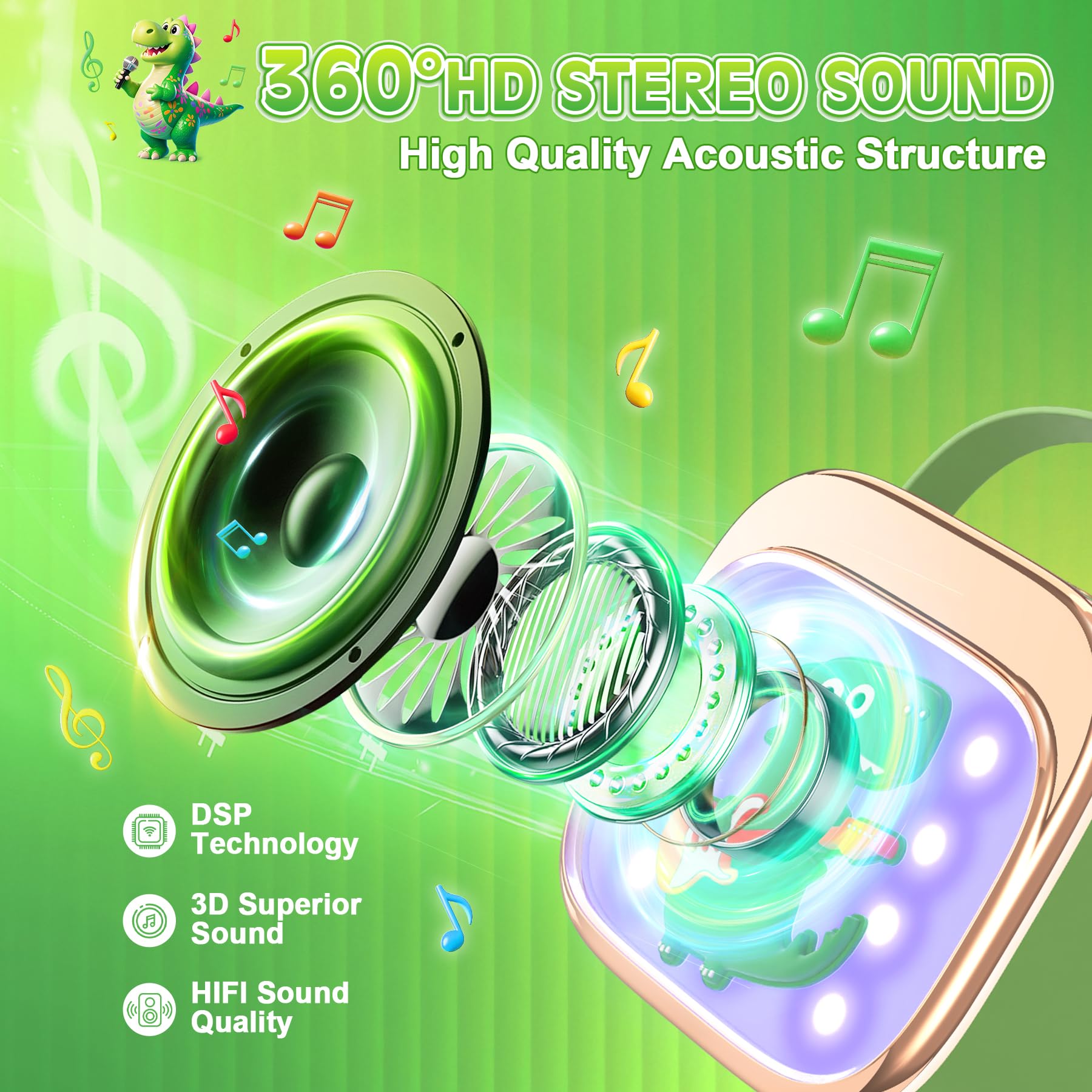 LUVTOY Karaoke con 2 Microfono Bambini: [Personalizzazione Esclusiva] - Karaoke con Luce LED - Pasqua Regalo per Bambino 3-12 Anni - Giocattolo Bambini 3-12 Anni - Giocattoli di Dinosauri